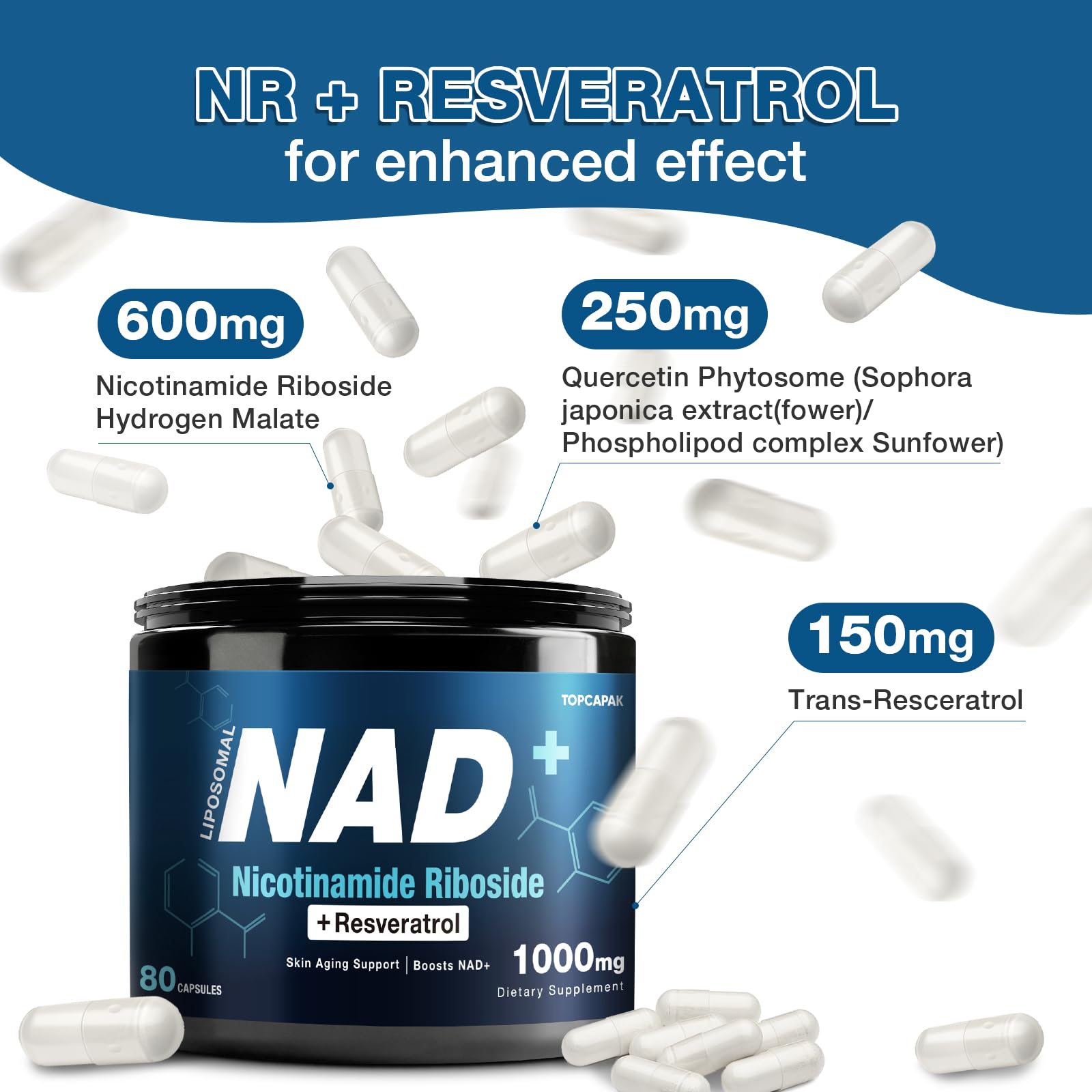 NAD+ Supplement 1000mg - Nicotinamide Riboside (NR) and Resveratrol, Liposomal NAD of Pure Organic Ingredients for Women & Men Healthy Aging, Brain and Cellular Energy, 80 Capsules TOPCAPAK uk supplements