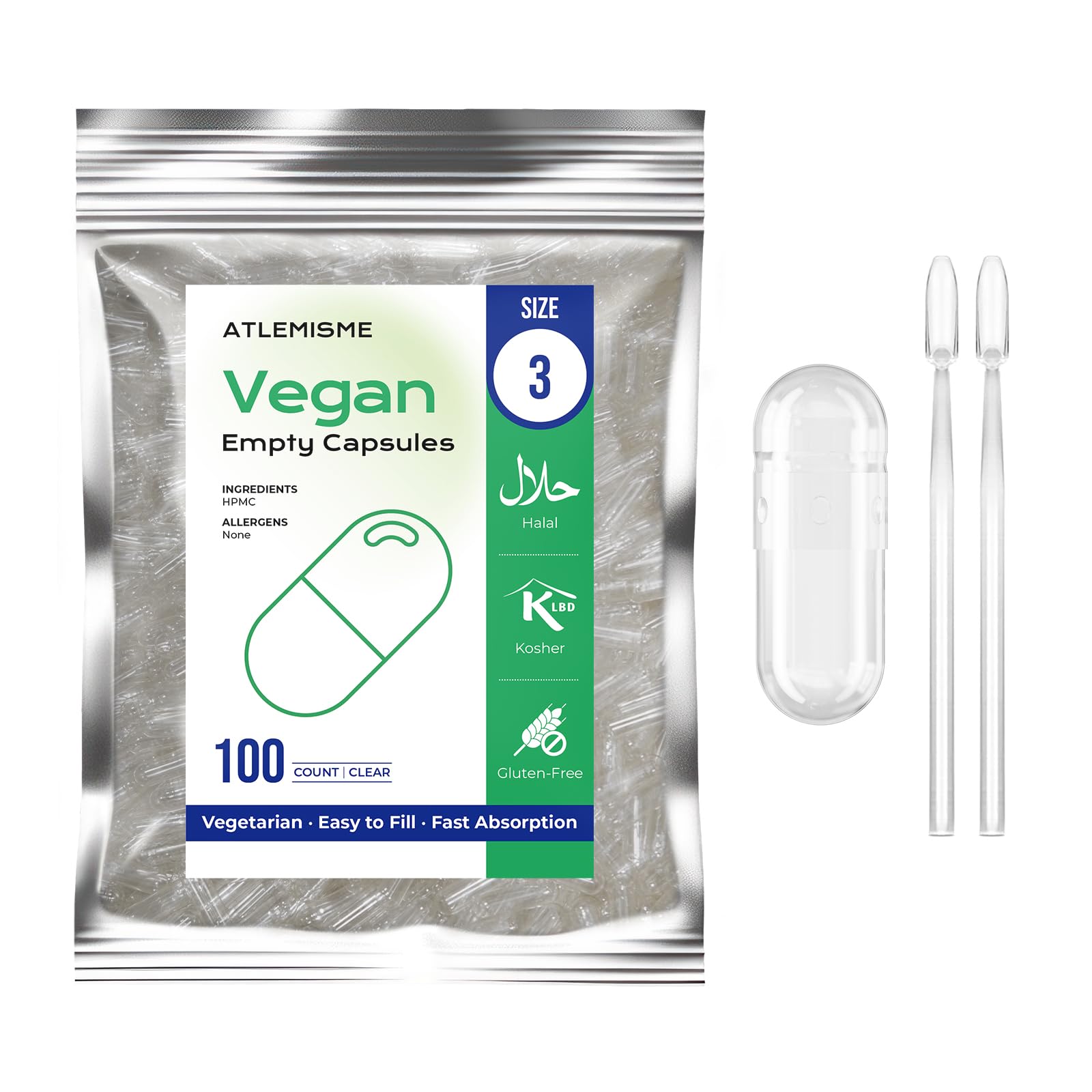 ATLEMISME Empty Vegan Capsules Size 3 - Vegan Capsules DIY Vegetable Capsule Filling - Veggie Caps with 2 Micro Lab Spoons for Capsule Filling ATLEMISME uk supplements