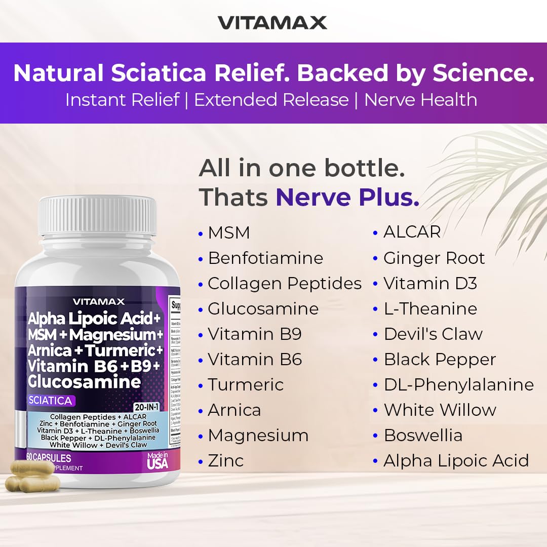 Sciatic Nerve Health Support - Sciatic Nerve Supplement Capsules with Folic Acid, Pea, Glucosamine, MSM, Vitamin B Complex, Alpha Lipoic Acid 300mg – 60ct – Made in USA Vitamax uk supplements