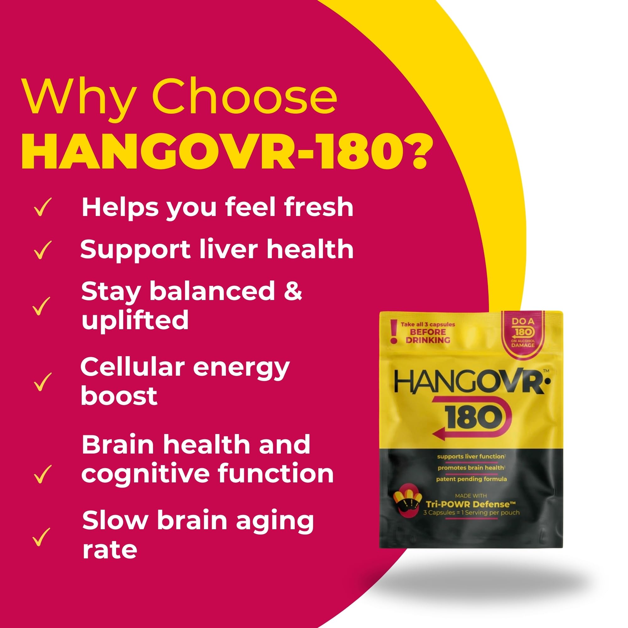 Hangovr 180 Tri-Power Before Drinking Defense 4 Pack - Support Liver & Brain Health, Feel Fresher & Better Energy - - Take Before Drinking for Relief, 3 Capsules per Pouch HANGOVR-180 uk supplements