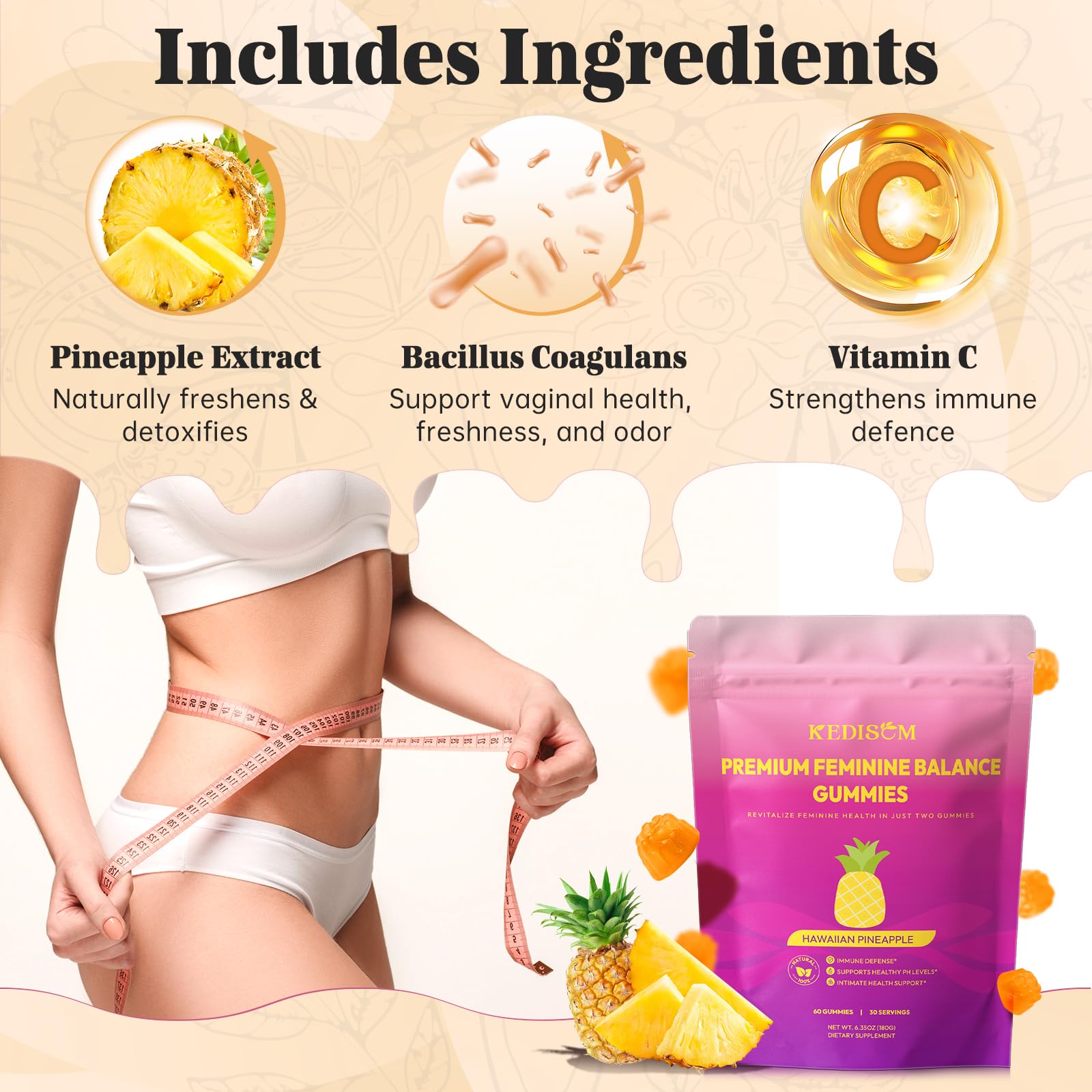 KEDISOM Premium Feminine Balance Gummies - for Women’s Health & Wellness - Immune Support - Vegan, Gluten-Free - Hawaiian Pineapple - 60 Gummies - 30 Servings KEDISOM uk supplements
