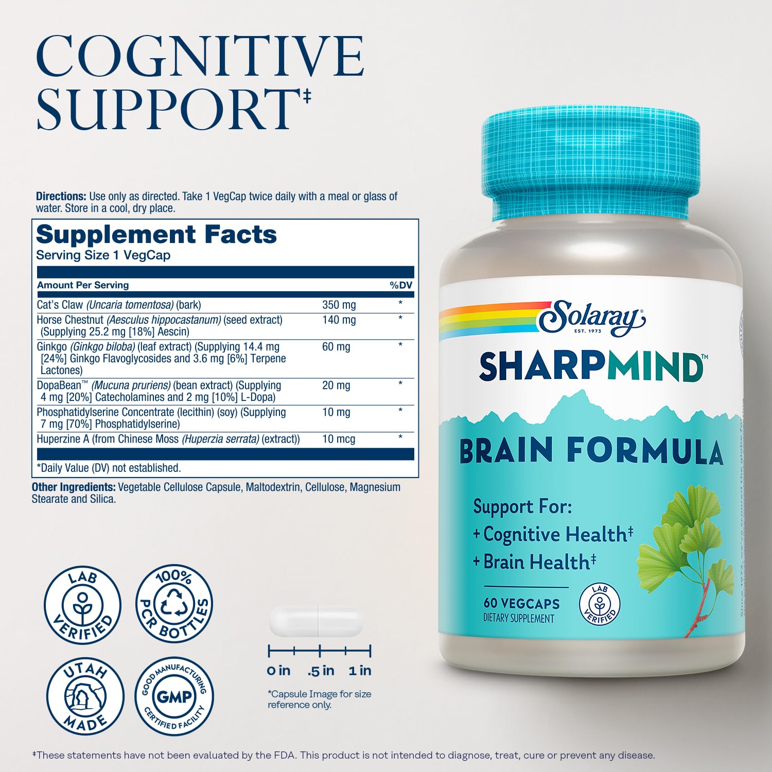 SOLARAY SharpMind Brain Support Formula - Nootropic Brain Supplements - Cognitive and Brain Health Support with Ginkgo Biloba - 60-Day Guarantee, 60 Servings, 60 VegCaps SOLARAY uk supplements