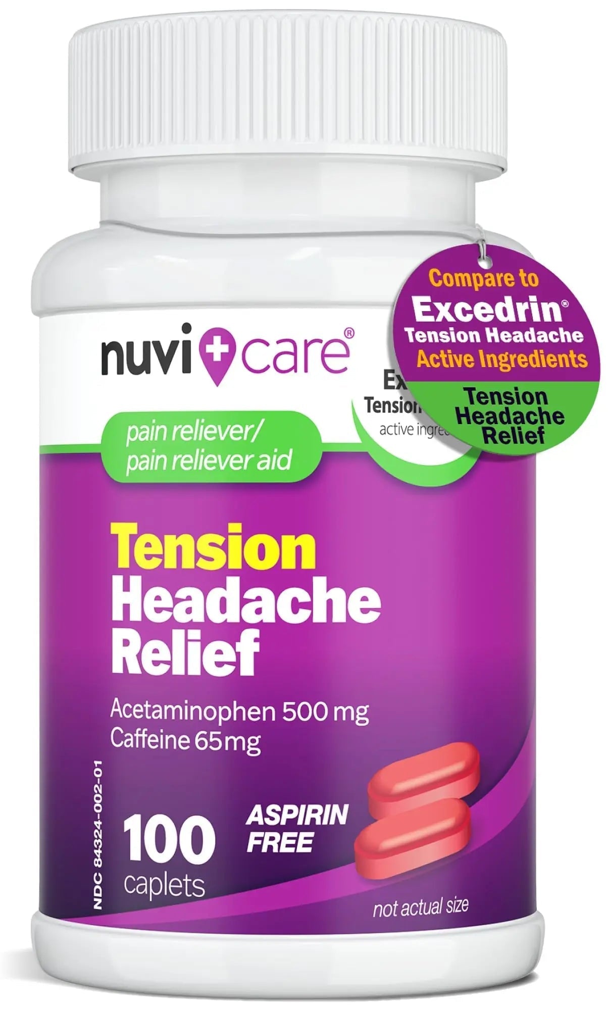 Nuvicare Tension Headache Relief Pills with 500mg Acetaminophen and 65mg Caffeine - Non Aspirin Pain Reliever Aid - Compare to Active Ingredient in Aspirin Free Excedrin Tension Headache (100 Caplets) NUVICARE uk supplements