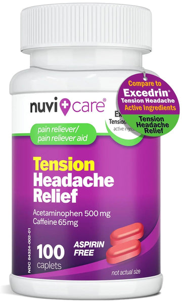 Nuvicare Tension Headache Relief Pills with 500mg Acetaminophen and 65mg Caffeine - Non Aspirin Pain Reliever Aid - Compare to Active Ingredient in Aspirin Free Excedrin Tension Headache (100 Caplets) NUVICARE uk supplements