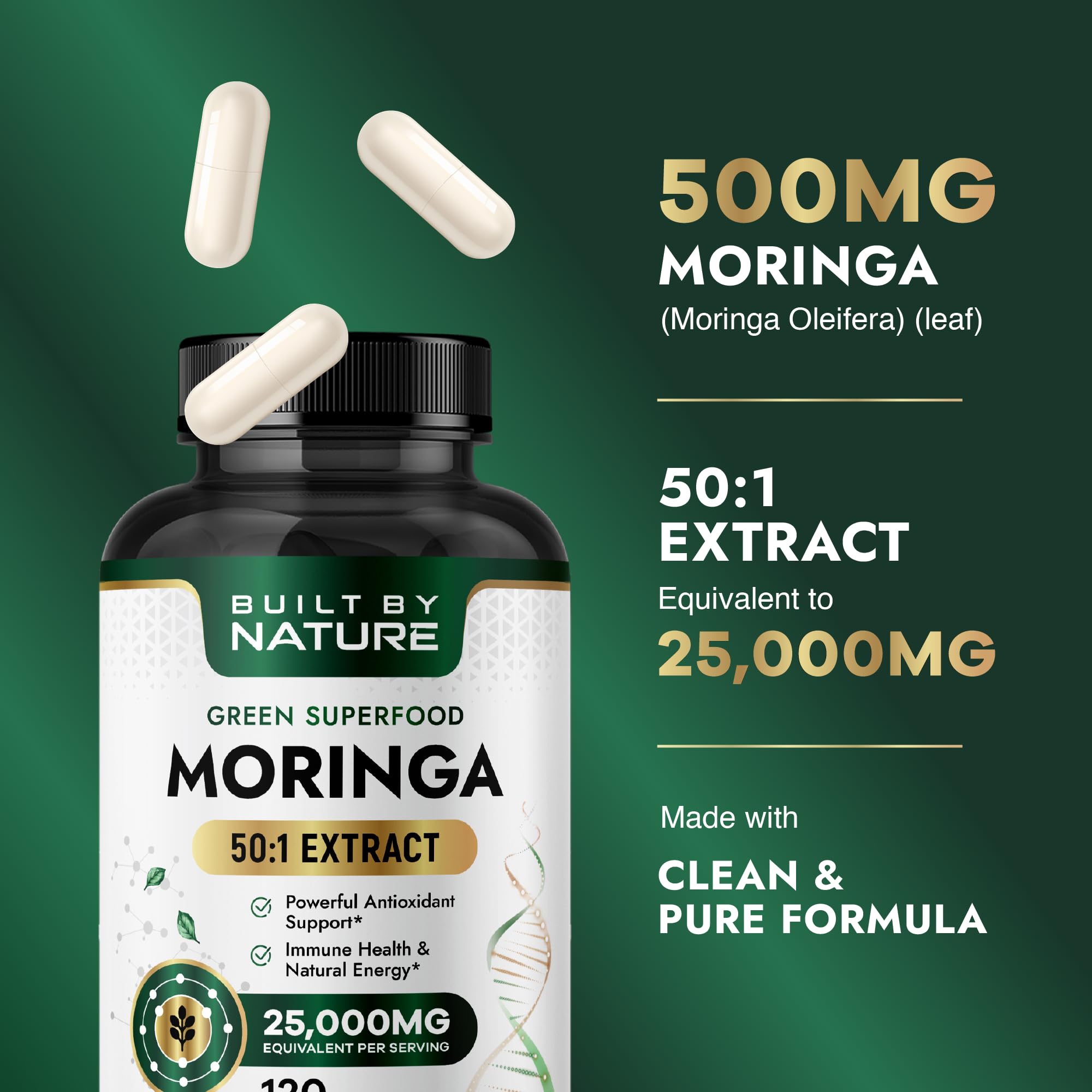 Built by Nature Moringa – 500mg Pure Moringa Leaf Extract 50:1 per Serving – High Potency Moringa Supplement – 120 Capsules Built by Nature uk supplements
