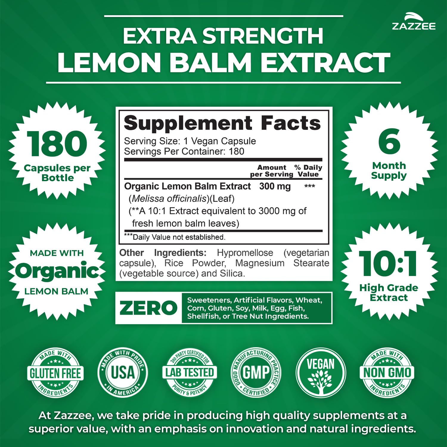 Zazzee Organic Lemon Balm 10:1 Extract, 180 Vegan Capsules, 6 Month Supply, Melissa Officinalis, Calm, Mood, Stress & Relaxation Support, Herbal Supplement, All-Natural, Non-GMO, Made in the USA Zazzee uk supplements