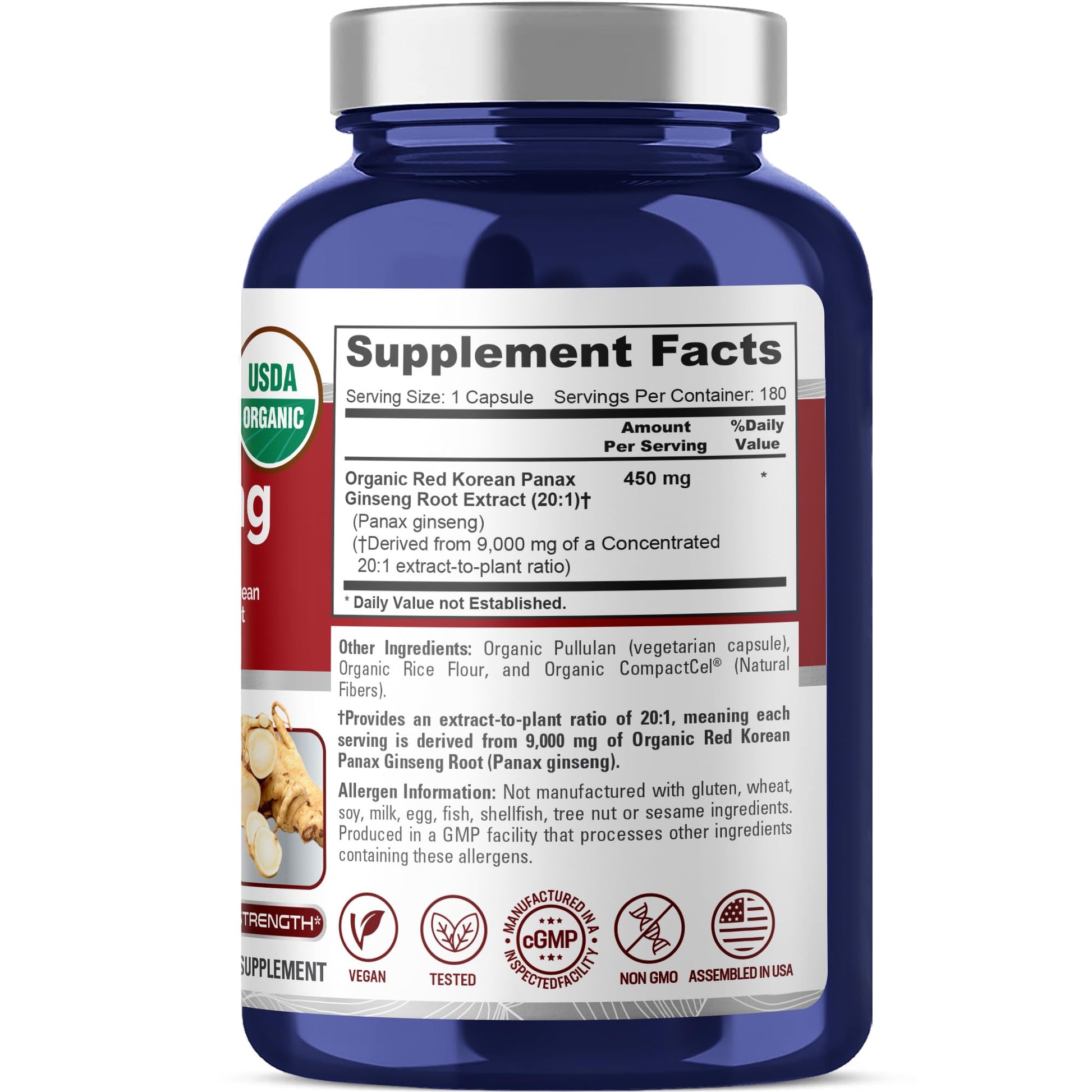 NusaPure Red Korean Panax Ginseng 20:1 Extract, 450 mg Equivalent to 9,000 mg 180 Veggie Caps (USDA Organic, Non-GMO, Vegan, Vegetarian, Bioperine) NusaPure uk supplements