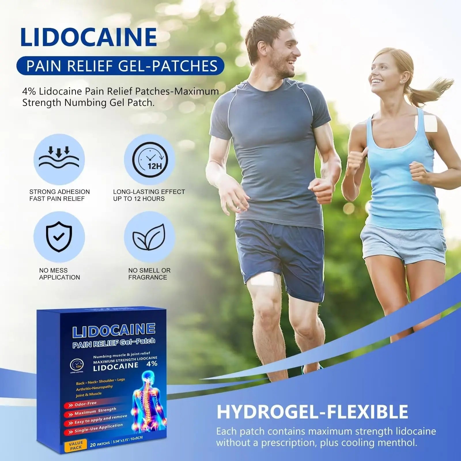 KIbabyDI Professional Lidocaine Pain Relief Patches - 20 Count | 4% Medicated Gel Patches for Targeted Joint & Muscle Comfort | Long-Lasting 12-Hour Relief, Ultra-Flexible Design -lb265 KIbabyDI uk supplements