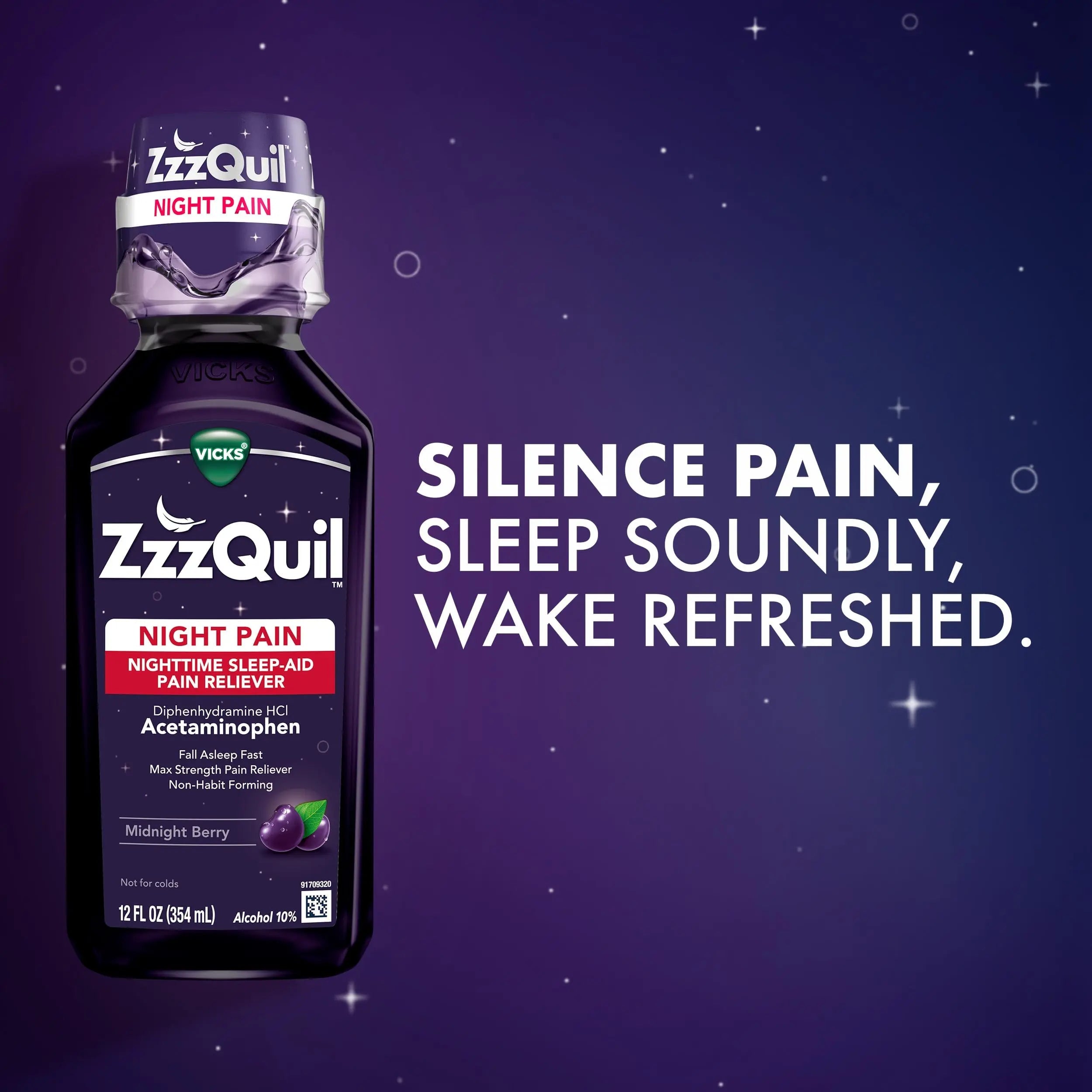 ZzzQuil Liquid, Max Strength Pain Reliever, Nighttime Sleep Aid Liquid, Acetaminophen 1000mg, Diphenhydramine 50mg HCI, Non-Habit Forming, Midnight Berry Flavored, 2 Pack, 24 FL OZ ZzzQuil uk supplements