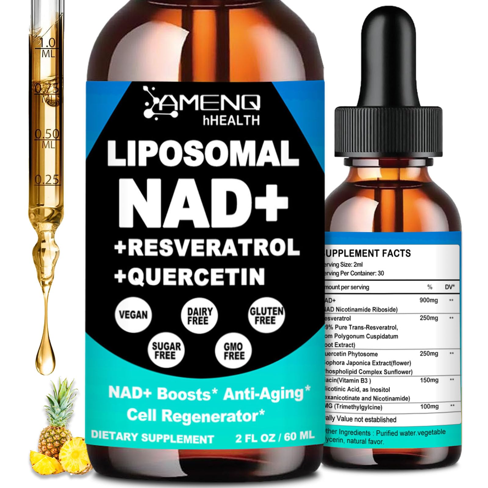NAD Supplement, Liposomal NAD Nicotinamide Riboside Resveratrol 900mg Quercetion, TMG, Vitamin B3, High Potency NAD Plus Liquid Supplement for Cell Regenerator, Longevity, Energy, Anti-Aging, Focus AMENQ hHEALTH uk supplements
