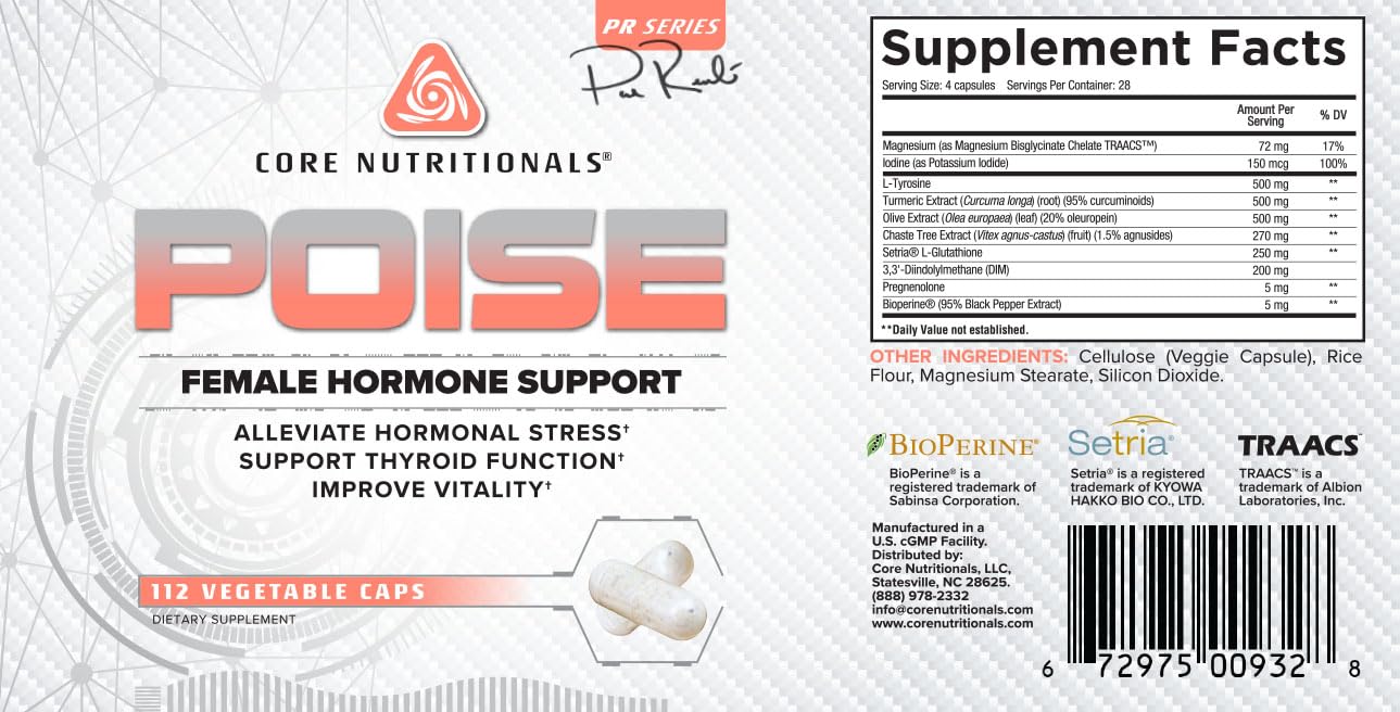 Core Nutritionals Poise Female Hormone Support | Thyroid Hormone Balance & Menstrual Support | with Magnesium & Iodine | Antioxidant Rich | 112 Vegetable Capsules Core Nutritionals uk supplements