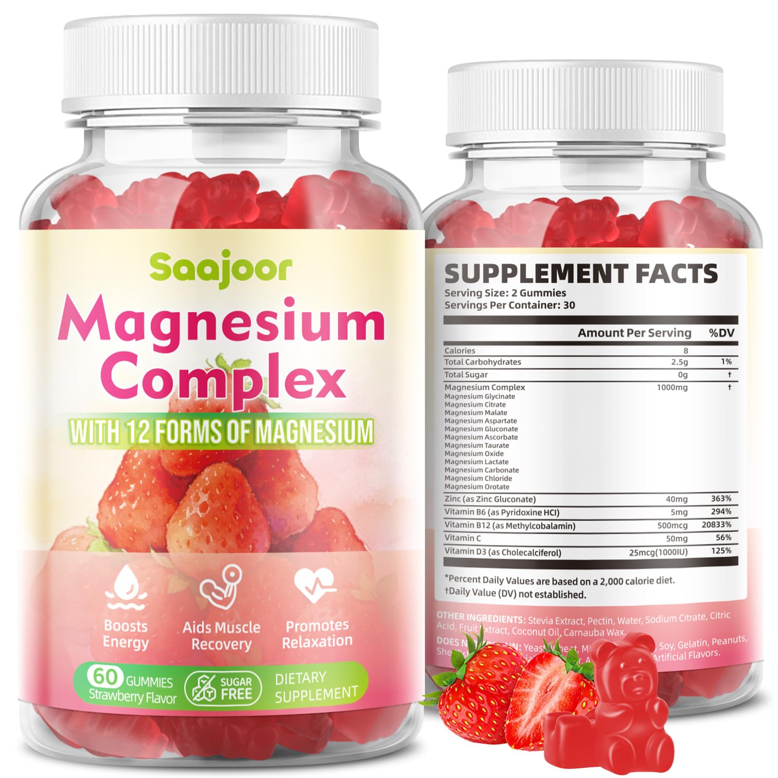 Magnesium Complex Gummies – with 12 Forms of Magnesium (Citrate, Glycinate, Malate, Oxide, and More) Plus Vitamins B6, B12, and C. for Women and Men – Strawberry Flavor, 60 Count Saajoor uk supplements