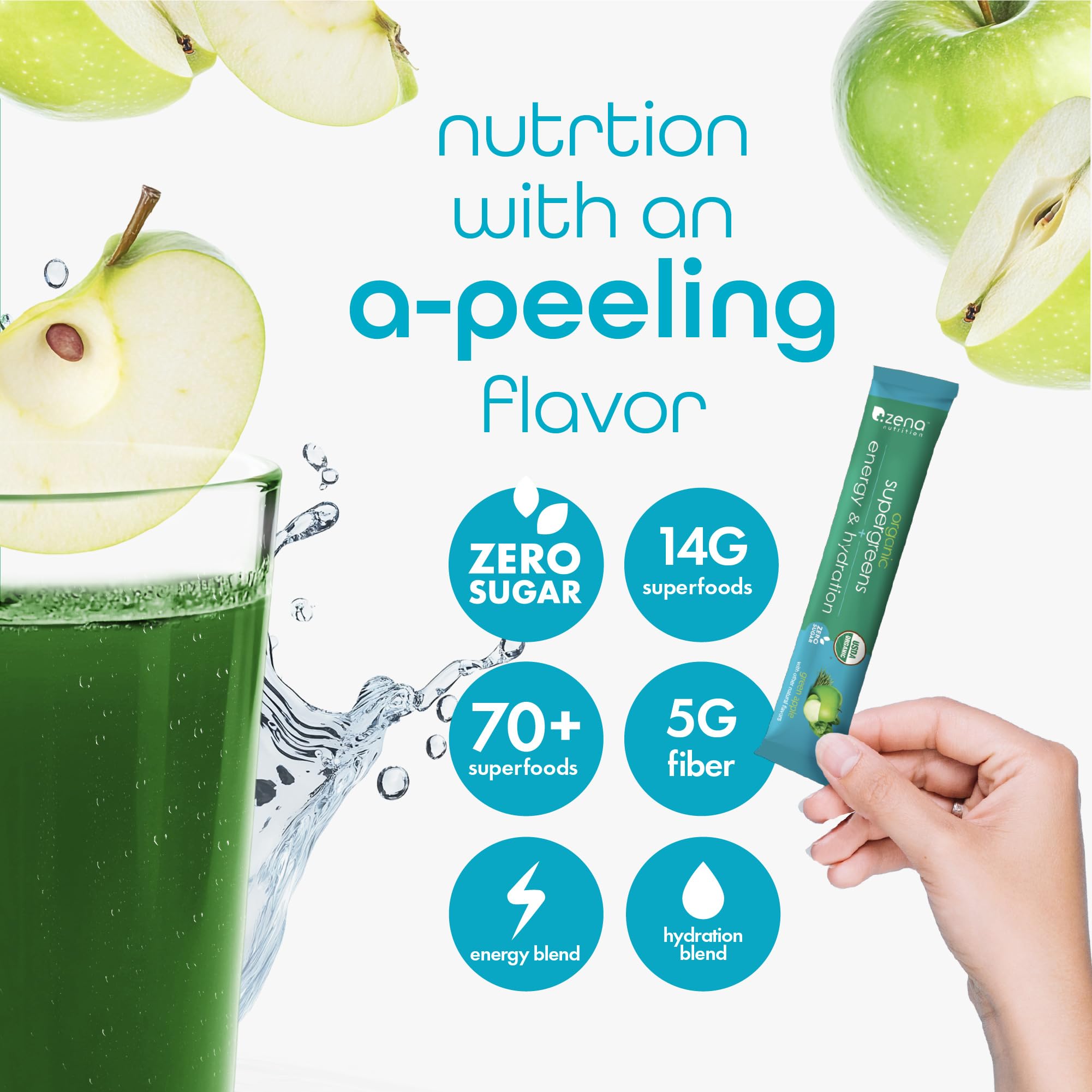 Zena Nutrition Organic Super Greens Energy & Hydration Powder, 70+ Superfoods, 0 Sugar, 5G Fiber, Spirulina, Chlorella, Prebiotics/Probiotics, Natural Caffeine + Electrolytes, 40 Drink Mix Packets Zena Nutrition uk supplements