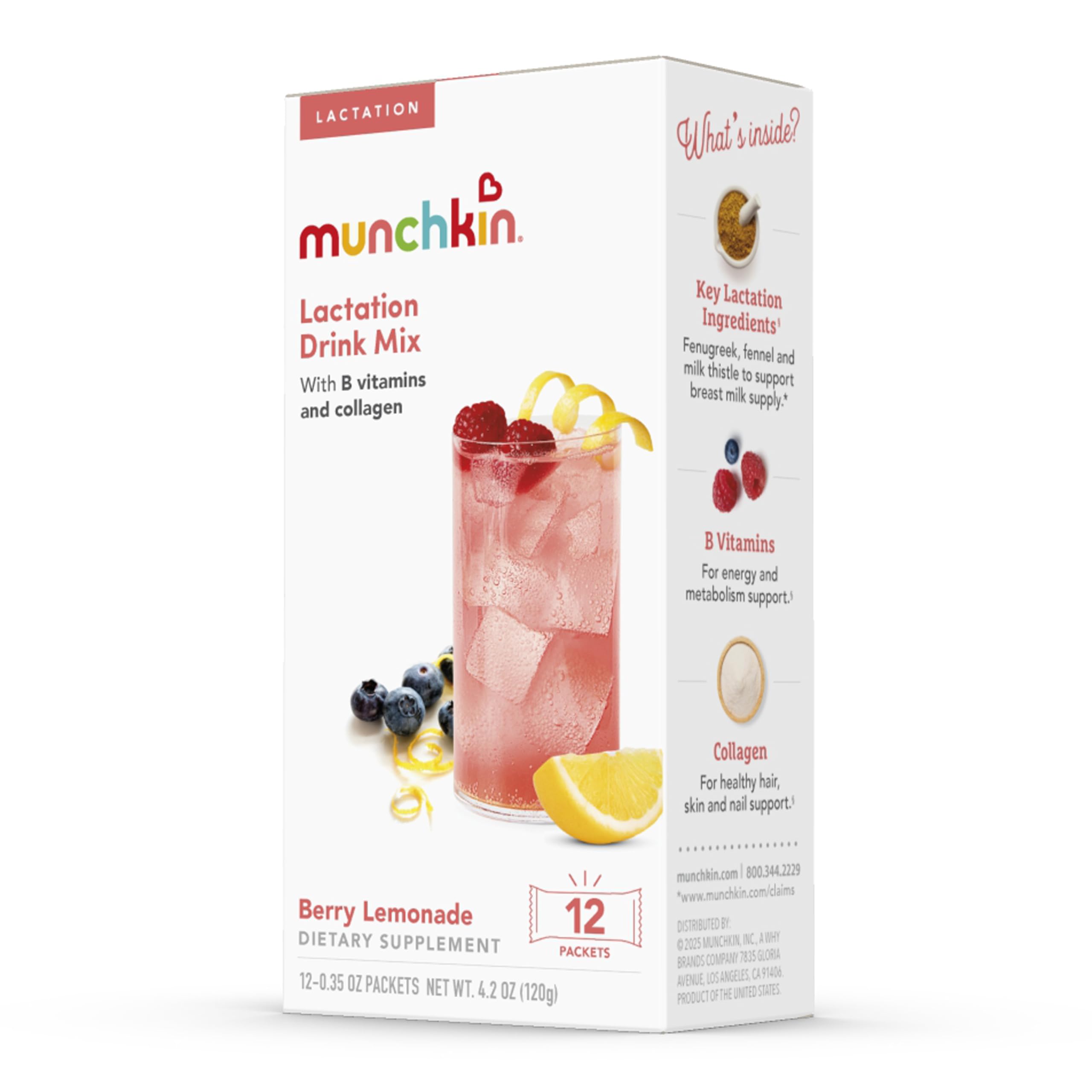 Munchkin Milkmakers Lactation Drink Mix Supplement with B Vitamins/Collagen/Fenugreek & Milk Thistle for Breastfeeding Moms, Berry Lemonade, 12 Count