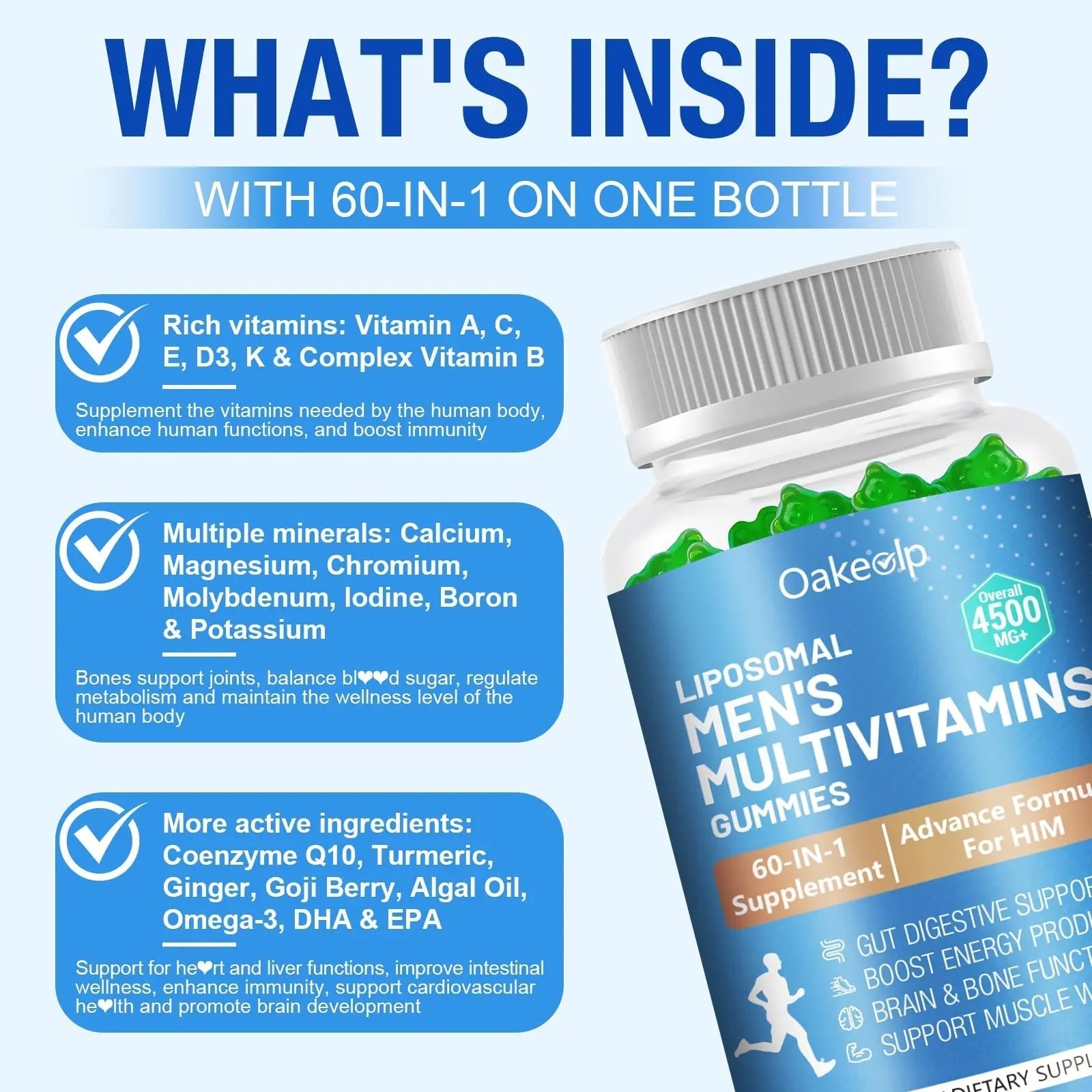 60-IN-1 Liposomal 120+ Nutrients Men's Multivitamin Gummy 4500MG+ Overall,300Billion Probiotics, Algal DHA, CoQ10, Turmeric & Herbal Blends Oakevlp uk supplements