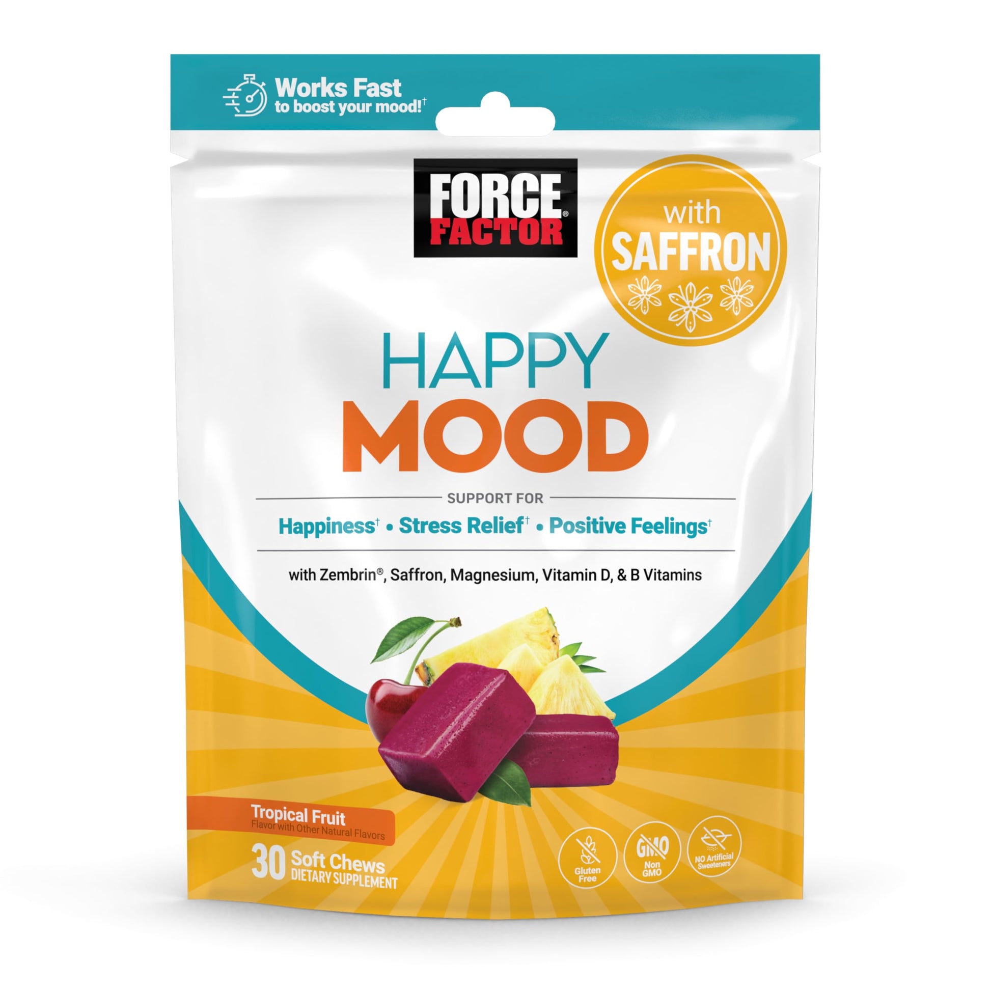 FORCE FACTOR Happy Mood, Mood Support and Mood Balance Supplement to Support Happiness, Positivity, and Stress, Made with Magnesium, Saffron, Zembrin, Non-GMO, Tropical Fruit Flavor, 30 Soft Chews Force Factor uk supplements