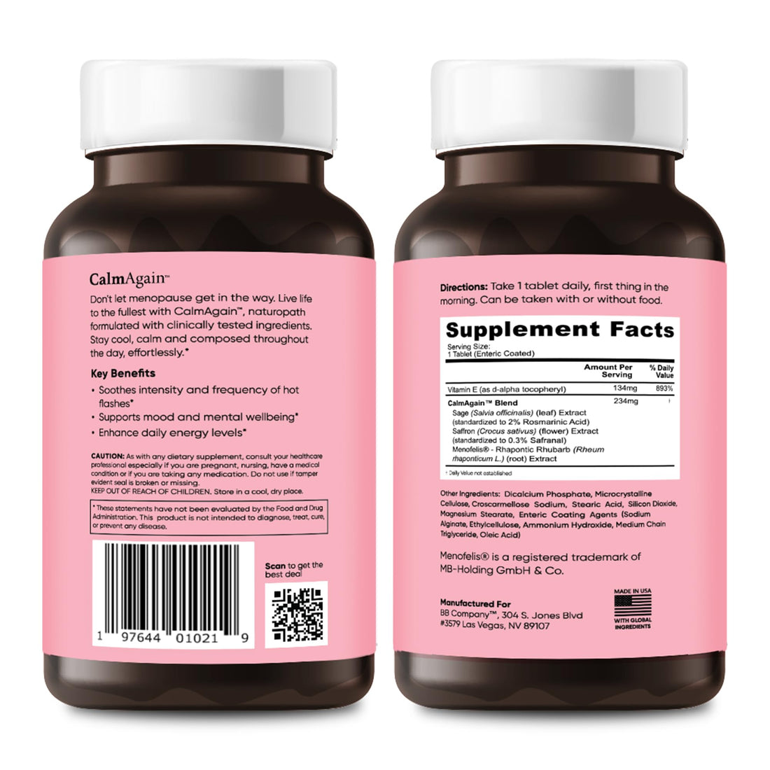 BB Company CalmAgain for Menopause Anxiousness, Mood Balance for Women | Stay Calm, Lower Cortisol, Fewer Mood Swings | Siberian Rhubarb, Sage, Saffron | Menopause Relief | 30 Ct BB Company uk supplements