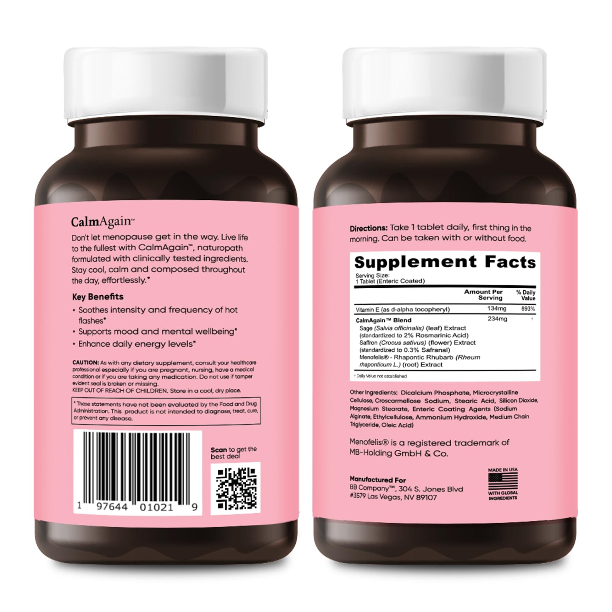 BB Company CalmAgain for Menopause Anxiousness, Mood Balance for Women | Stay Calm, Lower Cortisol, Fewer Mood Swings | Siberian Rhubarb, Sage, Saffron | Menopause Relief | 30 Ct BB Company uk supplements
