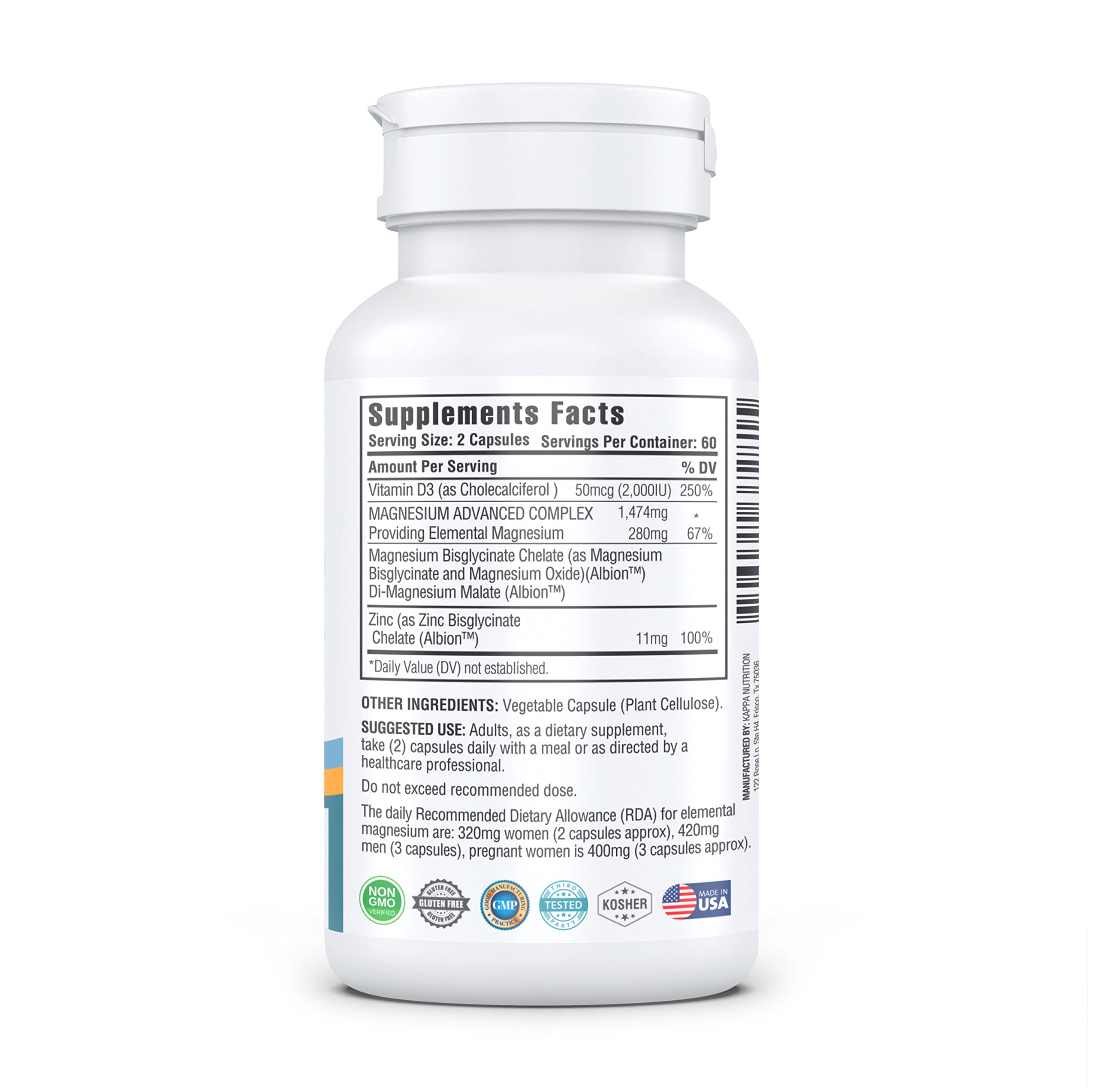 Kappa Nutrition Magnesium 4-in-1, 280mg Elemental Magnesium (Bisglycinate, Malate) + Zinc & Vitamin D3, Brain, Sleep, Energy, Muscle, Immune Support, 120 Vegan Capsules. KAPPA NUTRITION uk supplements