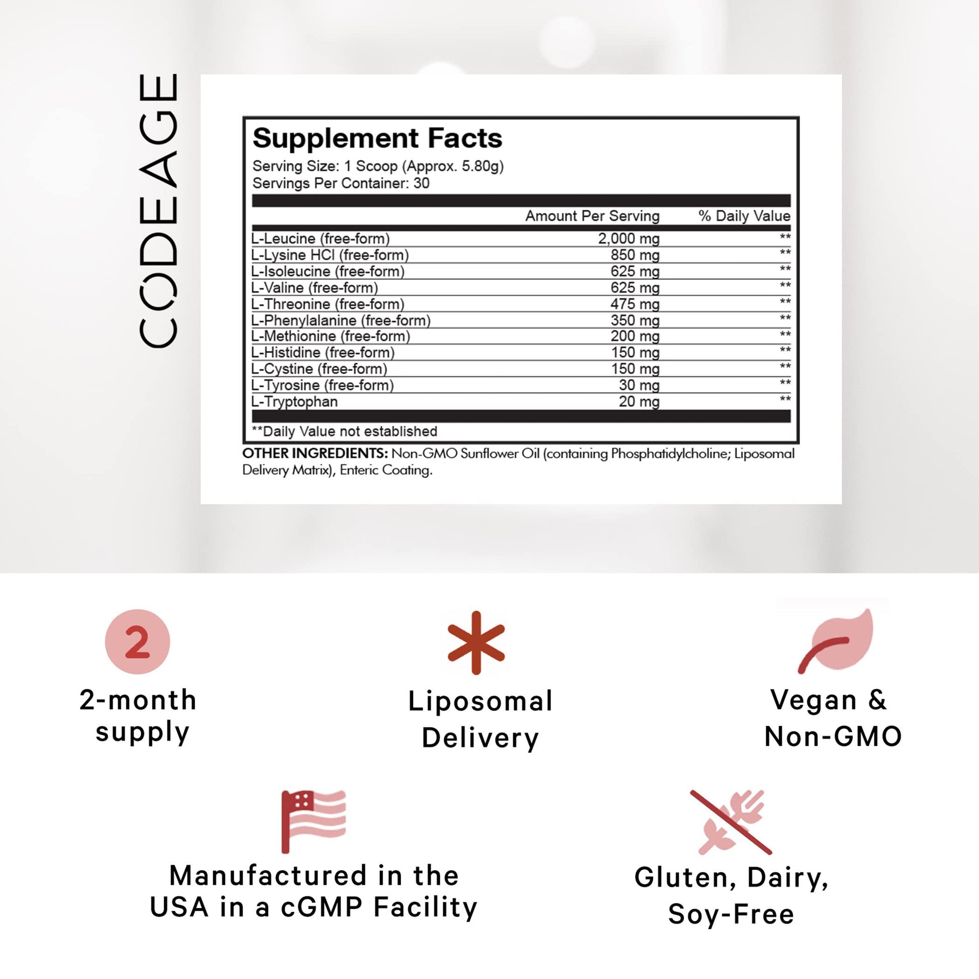Codeage Liposomal Multi Amino Powder Supplement - BCAA & EAA Supplement All 9 Essential Amino Acids, Branched-Chain Amino Acid, Pre & Post Workout, Unflavored, Liposomal Delivery, Non-GMO, 6.15 oz Codeage uk supplements