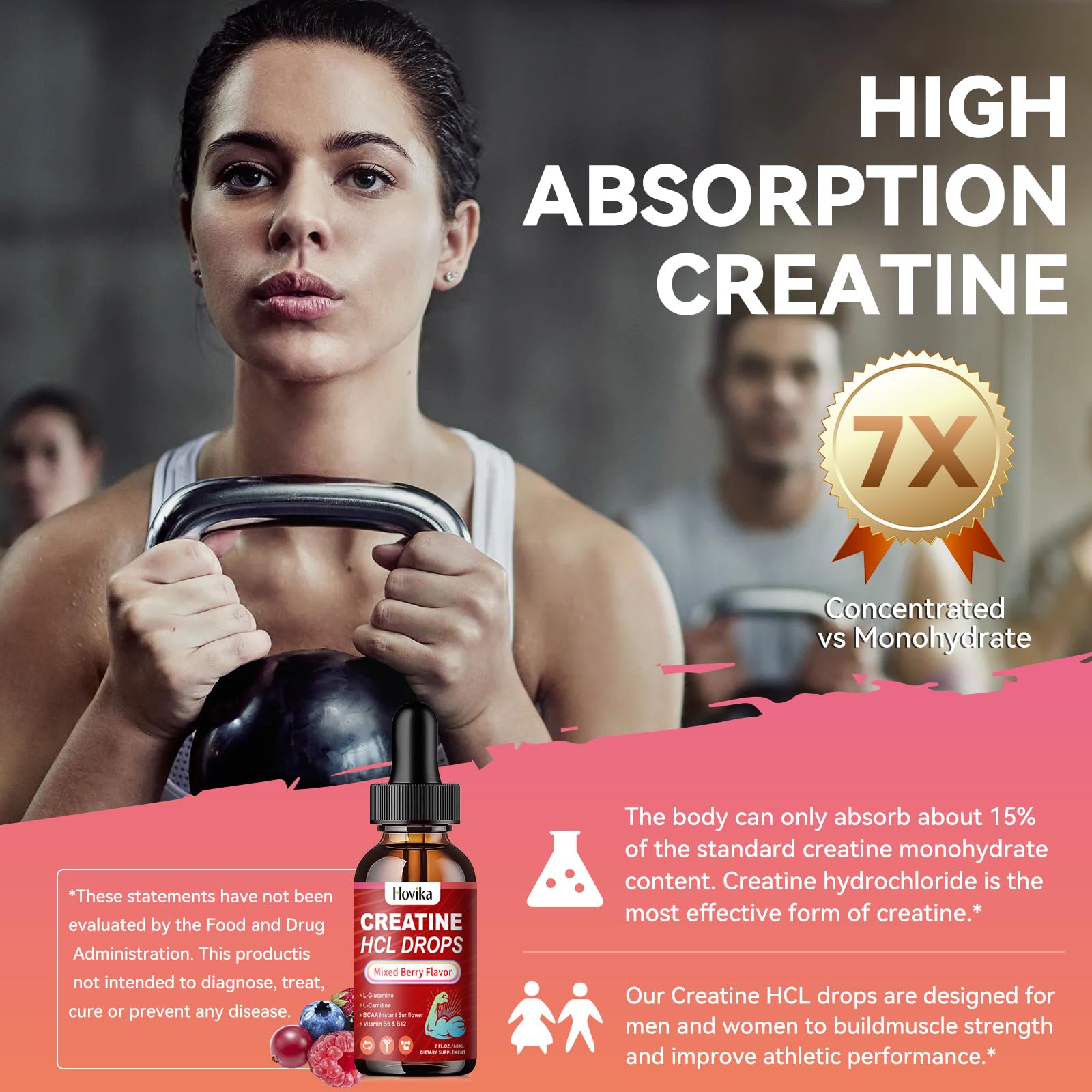 Creatine HCL Liquid Drops for Men & Women, Creatine Hydrochloride with L-Carnitine, L-Glutamine, BCAA, Vitamin B12 & B6 for Muscle Growth & Recovery-Vegan, Mixed Berry Flavor Flavor, 2 Fl Oz Hovika uk supplements