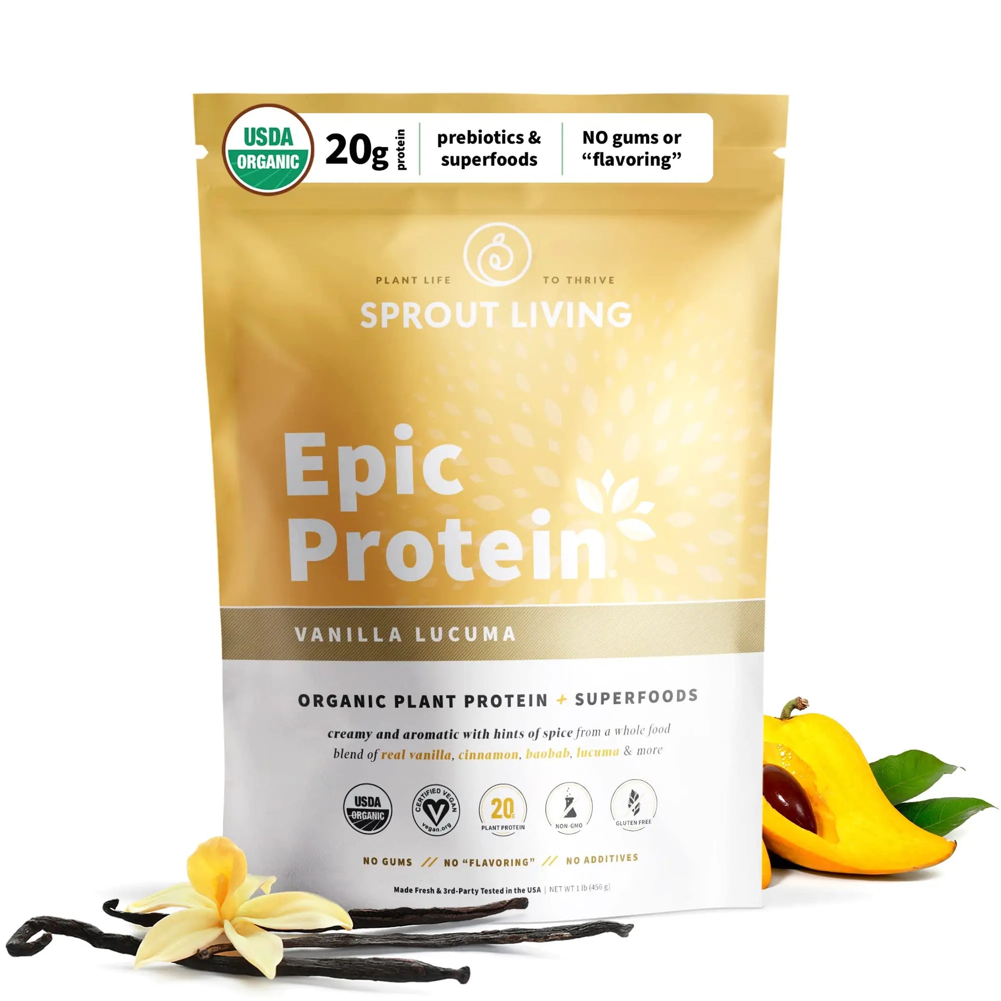 Sprout Living Epic Protein, Plant Based Protein & Superfoods Powder, Vanilla Lucuma Powder | 20 Grams Organic Protein Powder, Vegan, Non Dairy, Non-GMO, Gluten Free, Low Sugar (1 Pound, 12 Servings) Sprout Living uk supplements