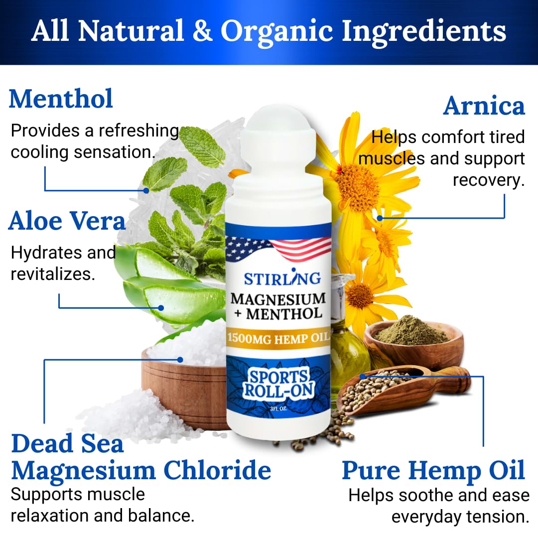 Stirling Menthol Roll On Lotion with Magnesium and 1500mg Pure Hemp - Non-GMO, THC-Free - Fast-Acting Relief for Sore Muscles and Joints, Reduces Swelling and Redness, Promotes Post-Workout Recovery STIRLING uk supplements