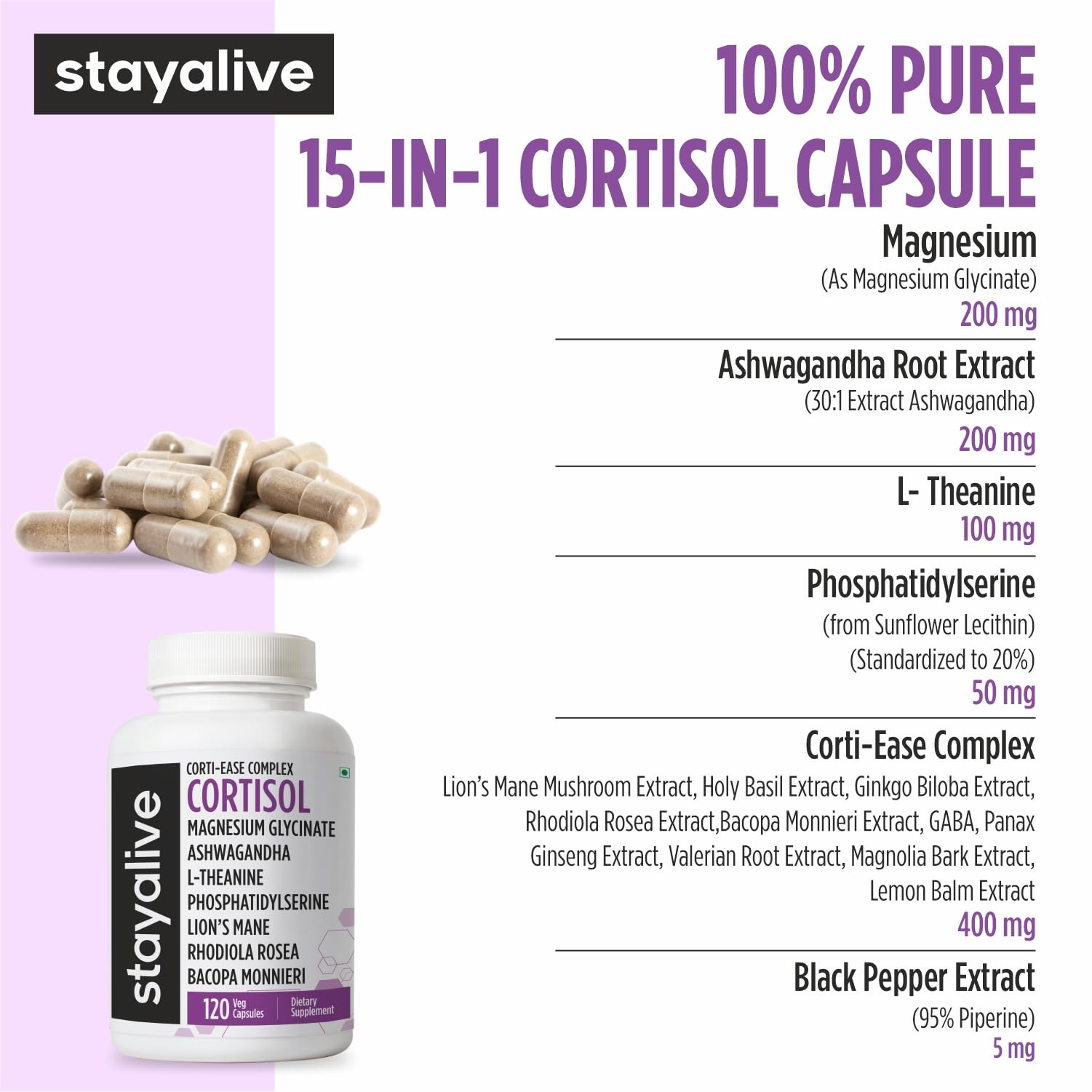 STAY ALIVE Cortisol Manager Supplement 15-in-1 Complex w/L-Theanine, Ashwagandha, Magnesium Glycinate, Phosphatidylserine and More, 120 Veg Capsules, Non-GMO & Gluten-Free Formula for Women and Men STAY ALIVE uk supplements