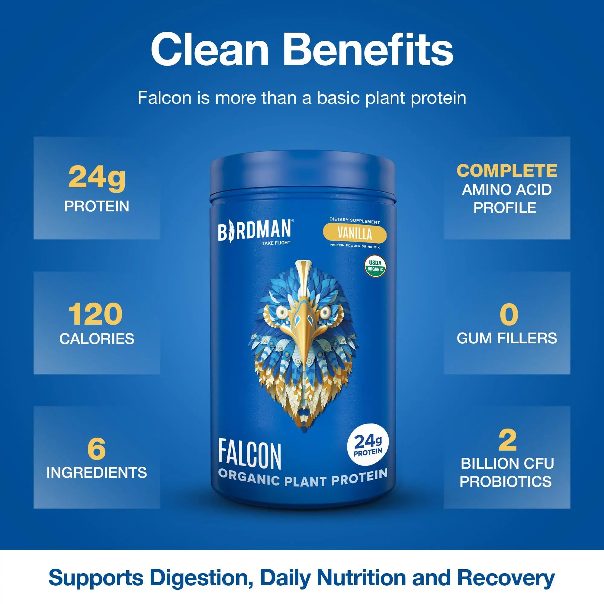 BIRDMAN Falcon Organic Vegan Protein Powder Vanilla, 24g Protein, Sugar Free, Probiotics, Low Carb, Keto Friendly, Dairy Free, Lactose Free, Non Whey BIRDMAN uk supplements
