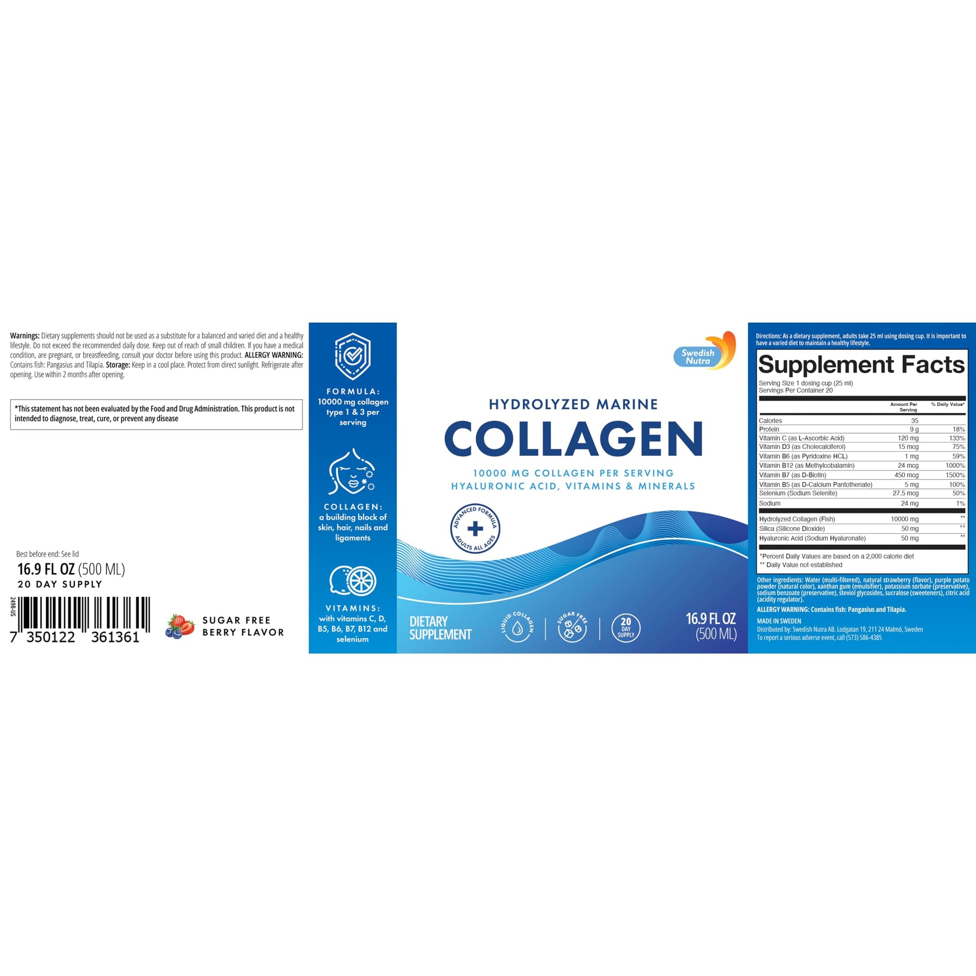 Swedish Nutra 10,000 mg Hydrolyzed Marine Collagen Liquid Supplement - 500 ml, 20 Day Supply | Hyaluronic Acid, Biotin & Vitamin C for Healthy Hair, Skin, Nails & Joints | For Men & Women | Sugar-Free Swedish Nutra uk supplements
