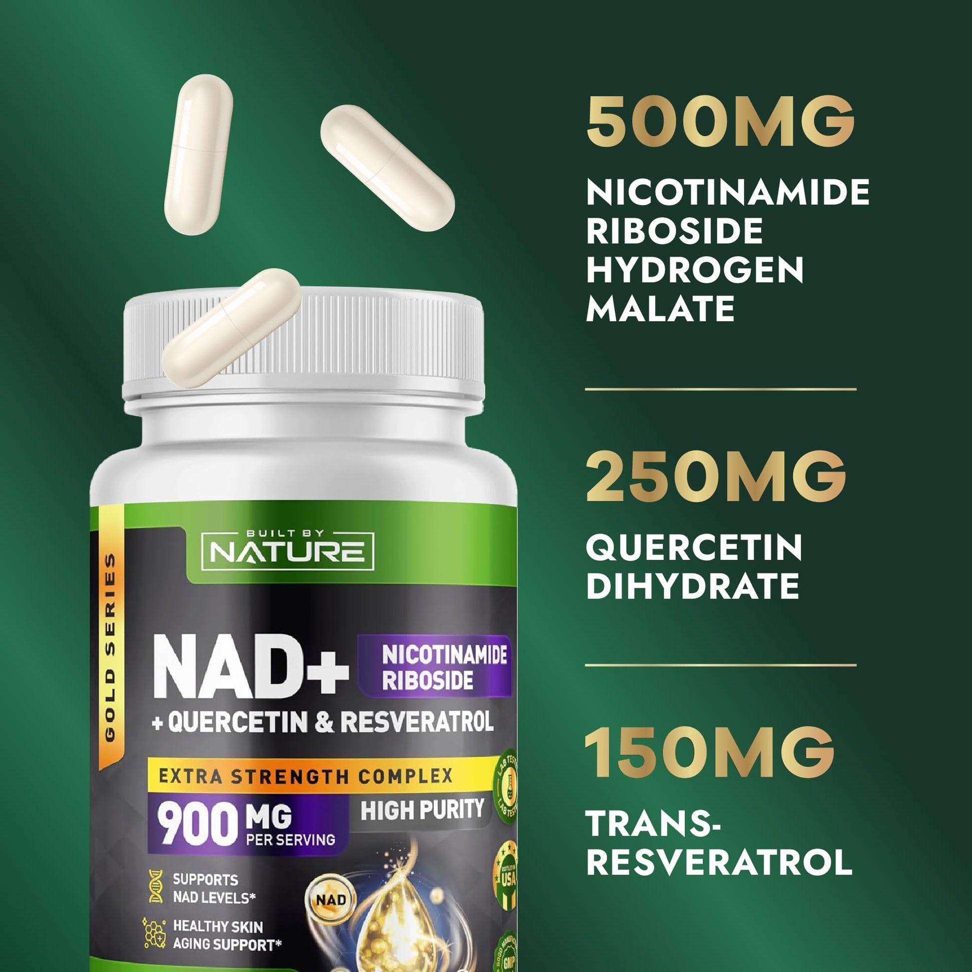 Built by Nature NAD Supplement – NAD+ Nicotinamide Riboside with Resveratrol & Quercetin 900mg Formula – NMN Alternative Supplement for Energy, Cellular Health & Anti-Aging – 90 Capsules Built by Nature uk supplements