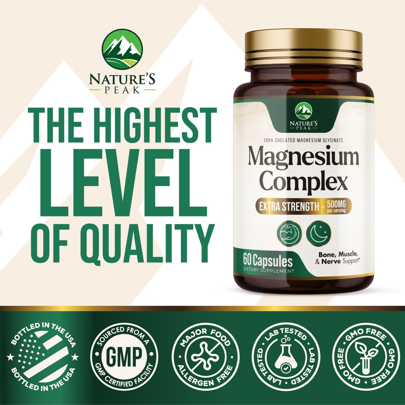 Magnesium Complex Supplement - Magnesium 500mg Per Serving - High Absorption Blend of Glycinate, Citrate, Malate, Oxide - Supports Sleep, Muscle, Bone, Heart Health - Bottled in USA - 60 Capsules Nature's Peak uk supplements