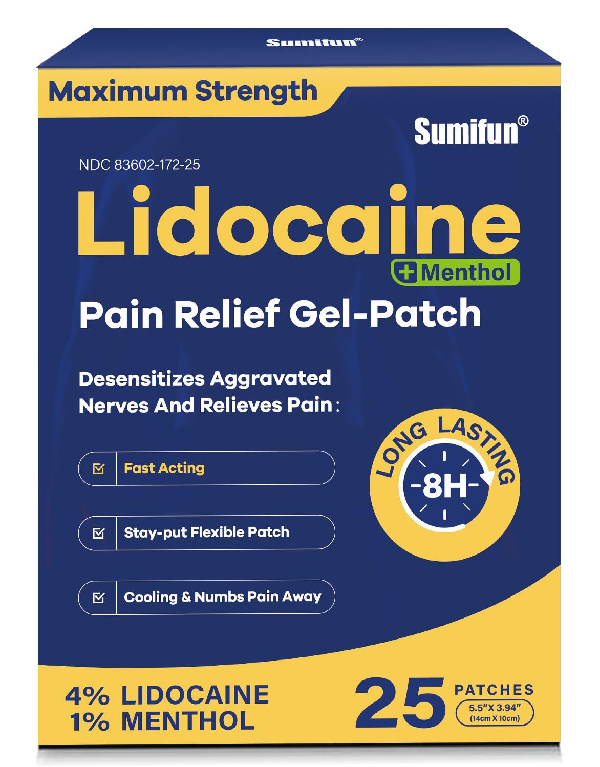 Sumifun Lidocaine Pain Relief Patches - Fast, Targeted Therapy Simple Backache, Soreness, Sprain, Joint Pain with Maximum Strength 4% Lidocaine and 1% Menthol (Large, Count, 25) Sumifun uk supplements