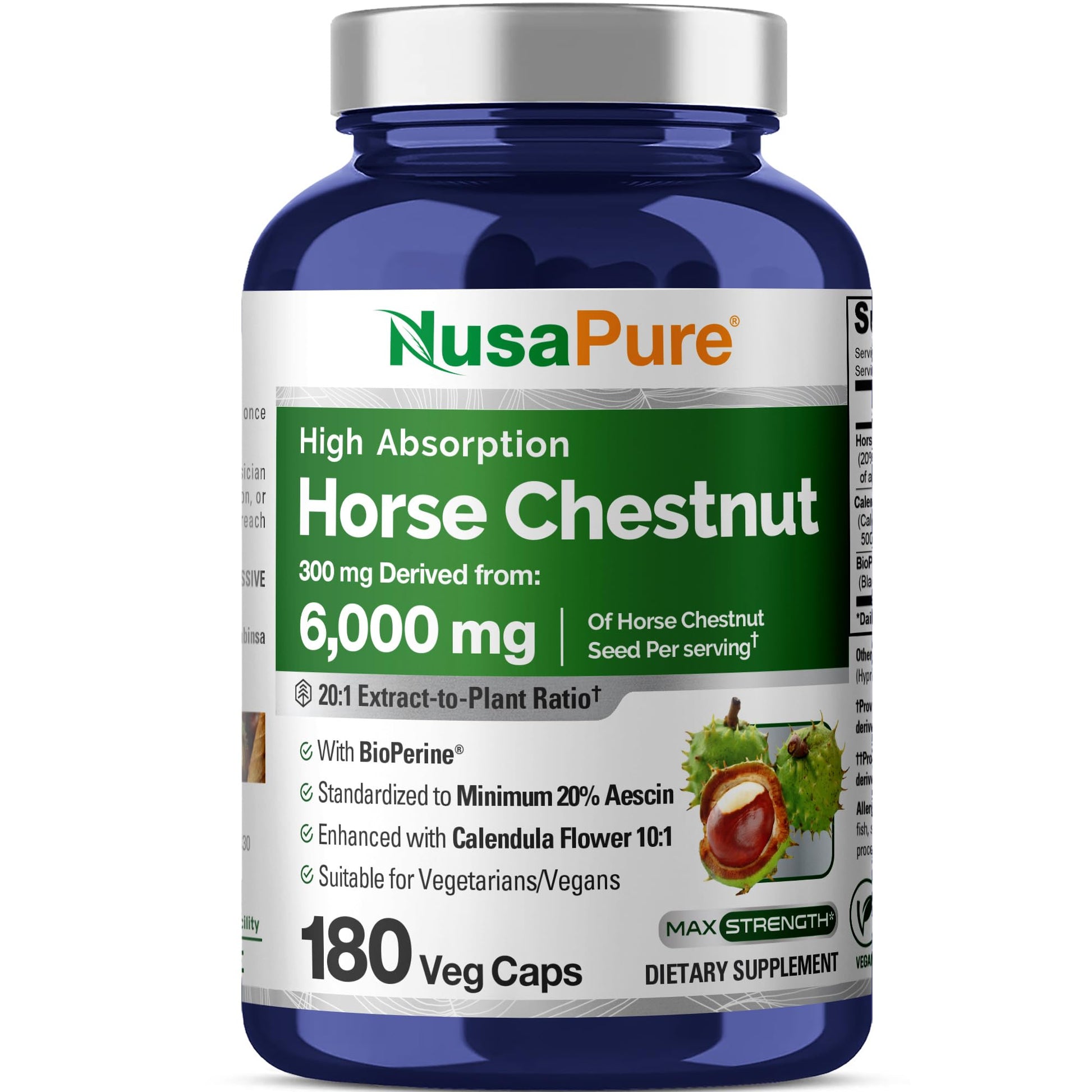 NusaPure Horse Chestnut 20:1 Extract, 300 mg Equivalent to 6,000mg 180 Veggie Caps Non-GMO, Vegan, BioPerine, Calendula Flower NusaPure uk supplements
