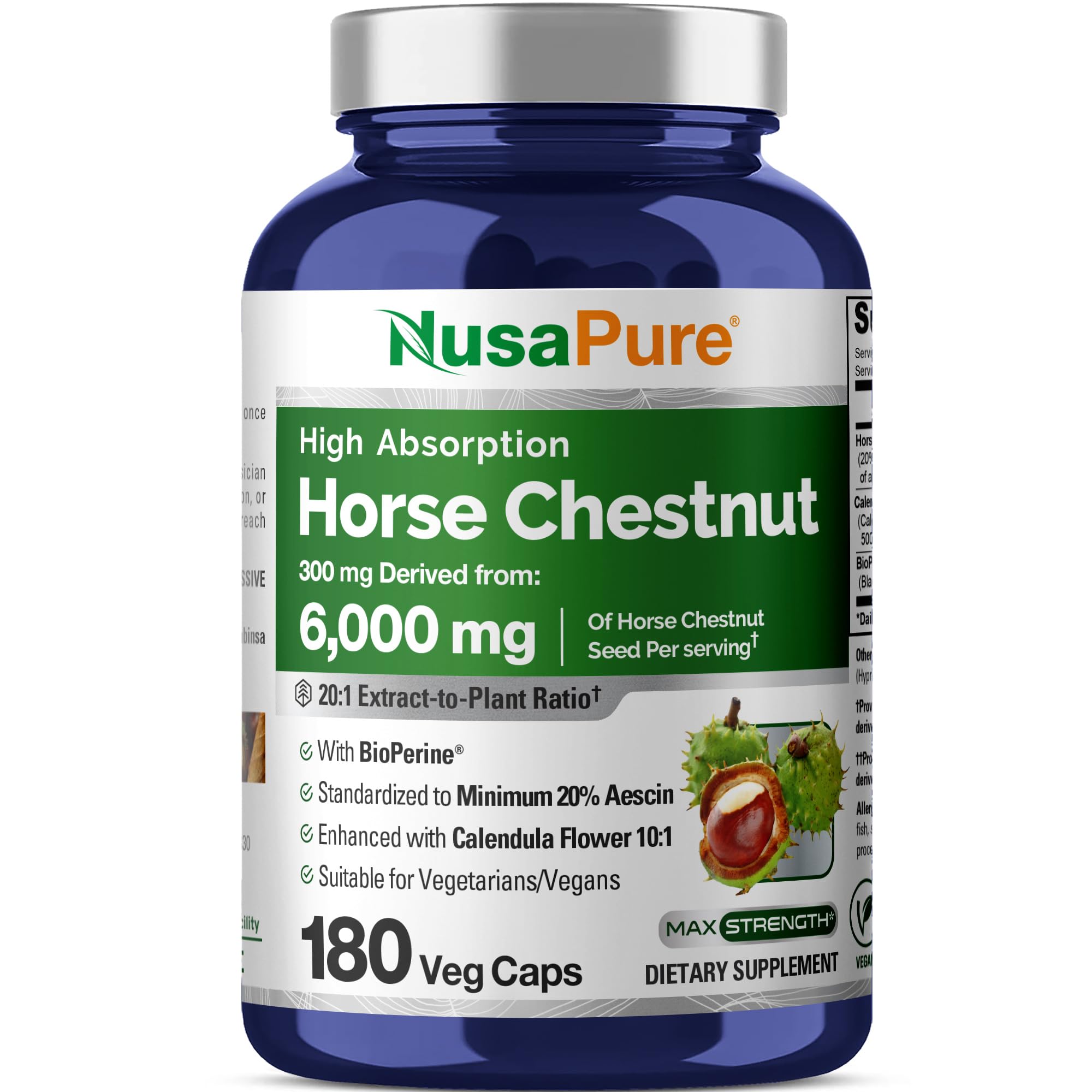 NusaPure Horse Chestnut 20:1 Extract, 300 mg Equivalent to 6,000mg 180 Veggie Caps Non-GMO, Vegan, BioPerine, Calendula Flower NusaPure uk supplements