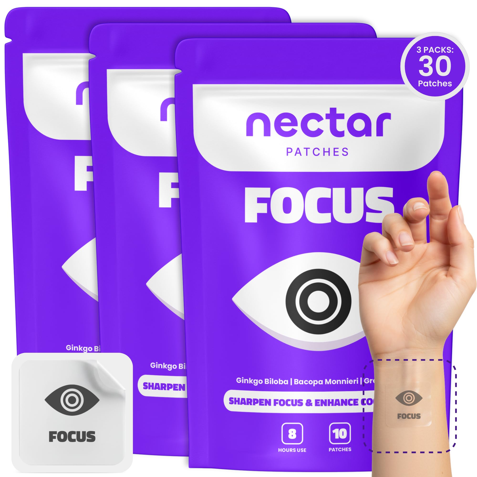 Nectar Focus Patches | Natural Cognitive Support with Ginkgo Biloba, Bacopa & Magnesium for Memory – Mental Clarity Neuro Patches for Work, Study – Clean Plant-Based Nootropic Alternative | 30 Count Nectar Patches uk supplements