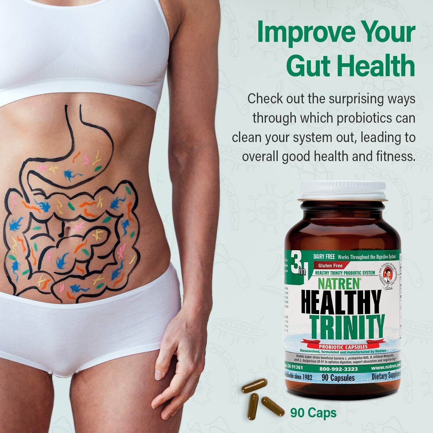 Natren Healthy Trinity Probiotics Supplement - 90 Dairy and Gluten Free Gel Capsules - Improve Gut and Digestive Health, 30 Billion CFU - Lactobacillus Acidophilus, Bifidobacterium, Bulgaricus Natren uk supplements