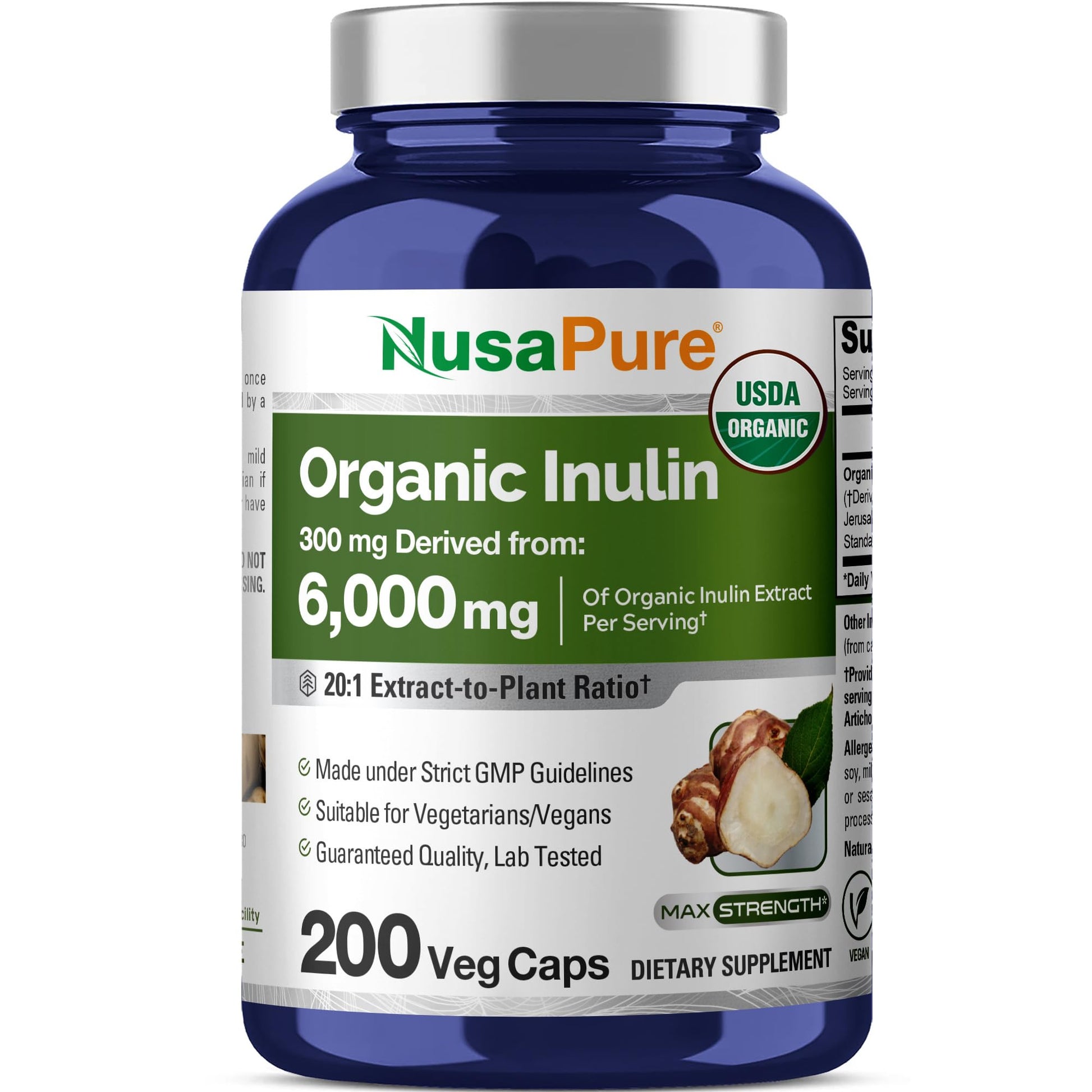 NusaPure Inulin Powder 20:1 Extract, 300 mg Equivalent to 6,000mg | 200 Veg Capsules |USDA Organic Suitable for Vegetarians, Vegan, Non-GMO Supplement NusaPure uk supplements