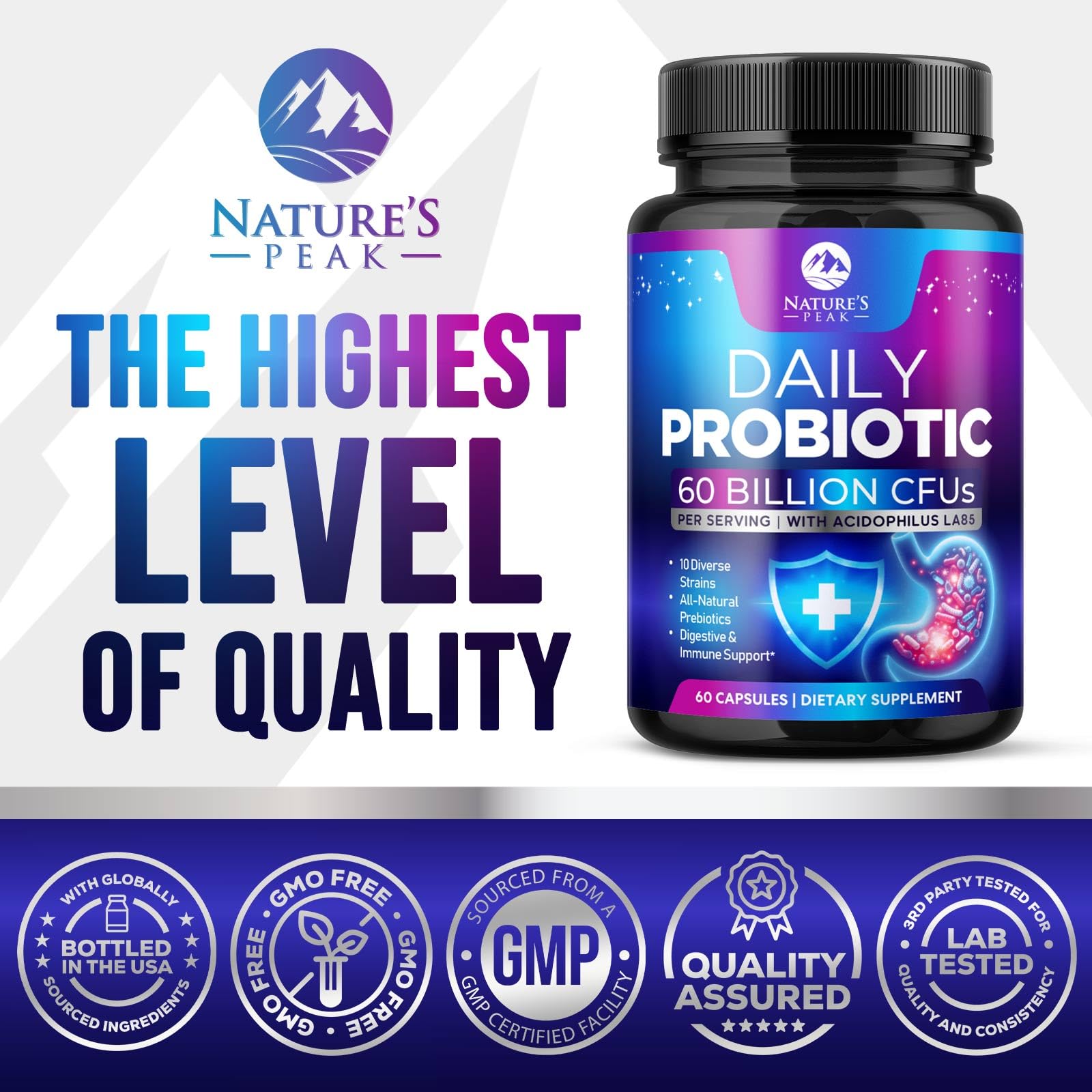 Probiotics 60 Billion CFU - 10 Strains + Digestive Enzymes & Prebiotics - Best Probiotic for Women & Men, Supports Immune, Gut Health, Occasional Constipation, Diarrhea, Gas & Bloating - 60 Capsules Nature's Peak uk supplements