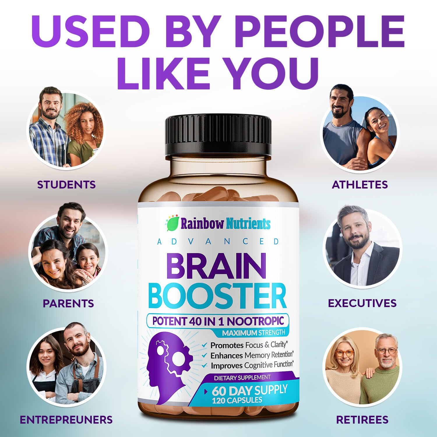 40-in-1 Brain Booster Supplements for Memory, Focus, Clarity, Energy, Performance | Natural Nootropic Brain Support Supplement with DMAE, Bacopa Monnieri & More | For Men & Women | 120 V Capsules Rainbow Nutrients, LLC uk supplements