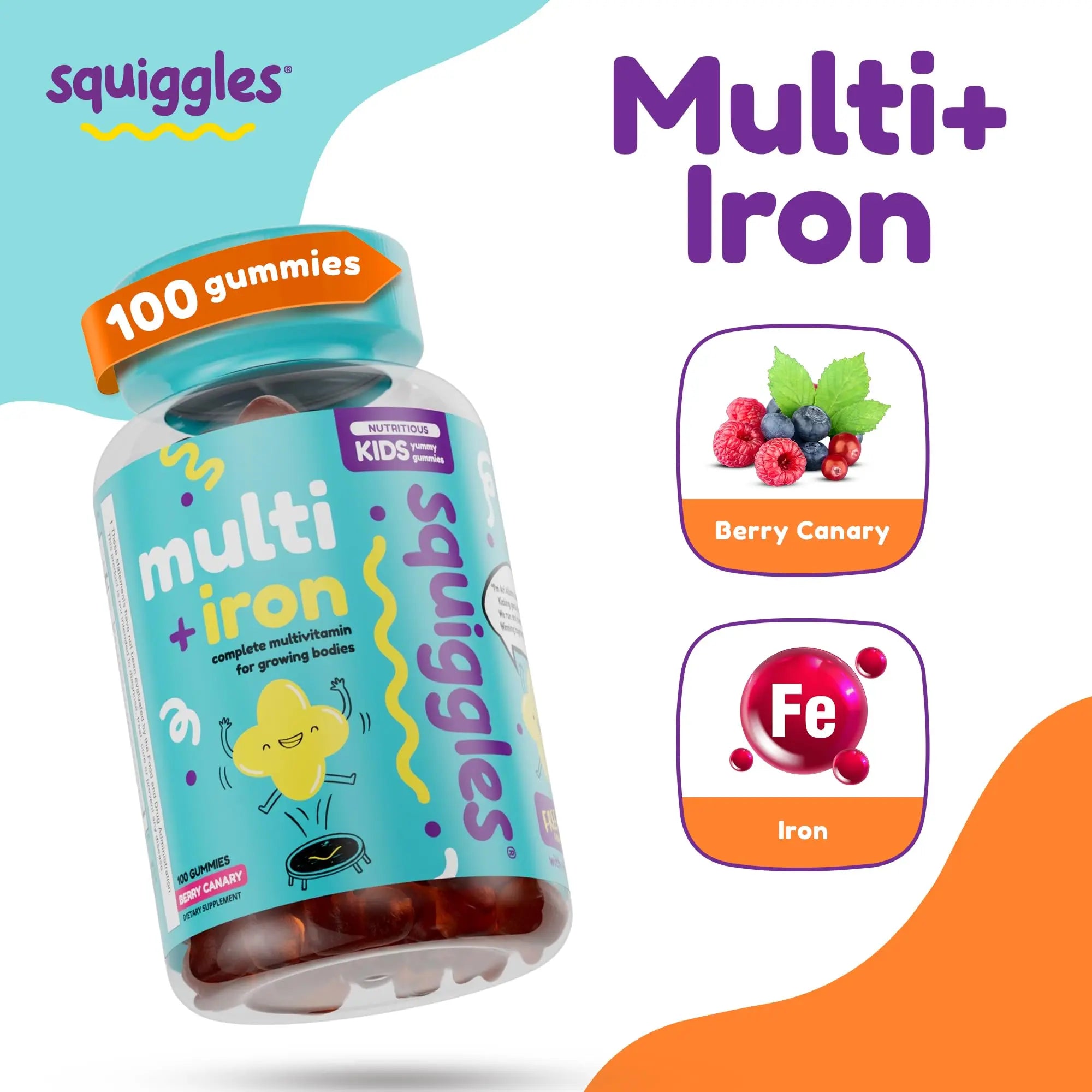 Squiggles Kids Multivitamin + Iron Gummies - Low Sugar Gummy Vitamins with Iron Supplements for Kids Squiggles uk supplements