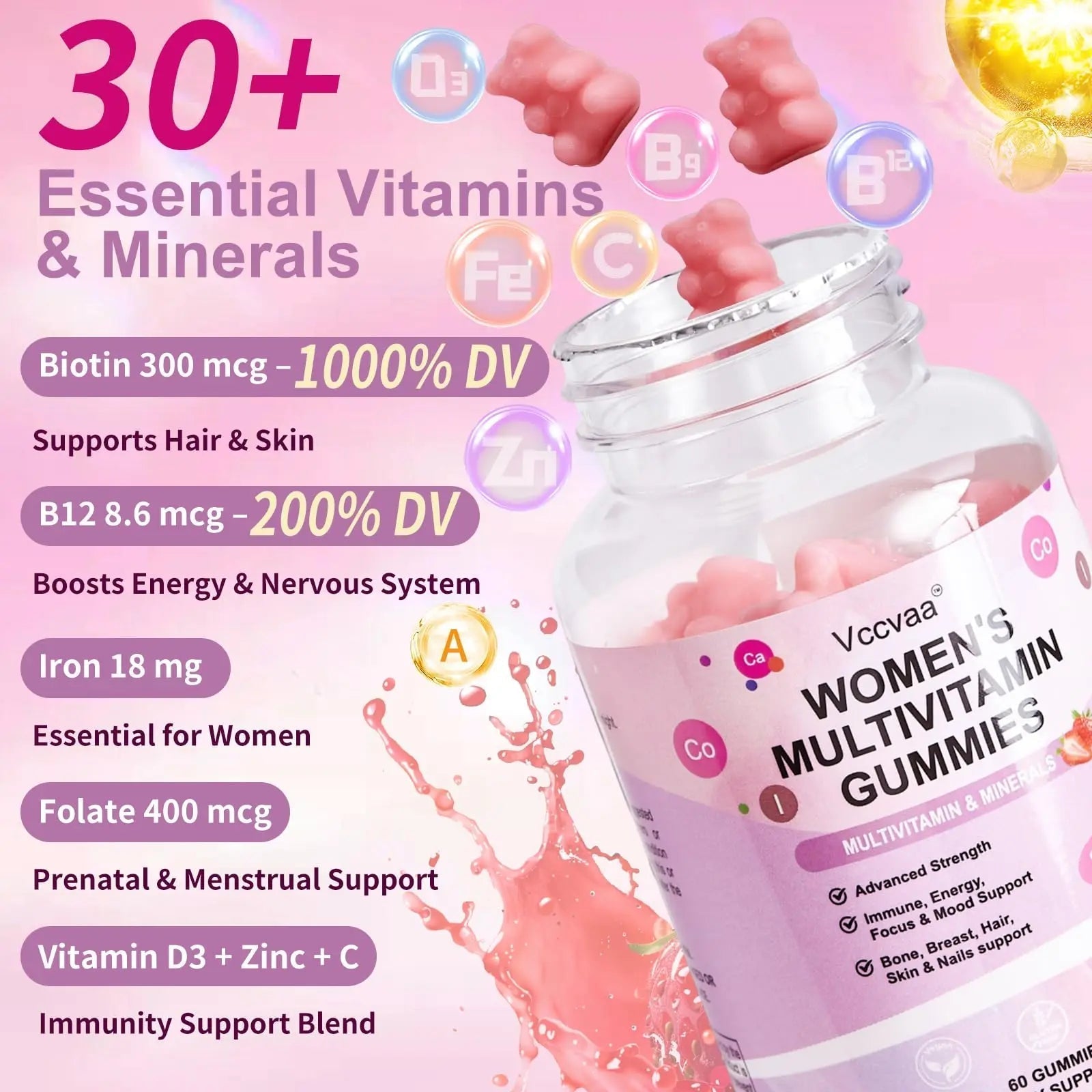Vccvaa Sugar Free Multivitamin Gummies for Women 14+ with Iron, Inositol, Folate, Vitamins A C D3 E B12 K2, Herbal & Mineral Blend Vccvaa uk supplements