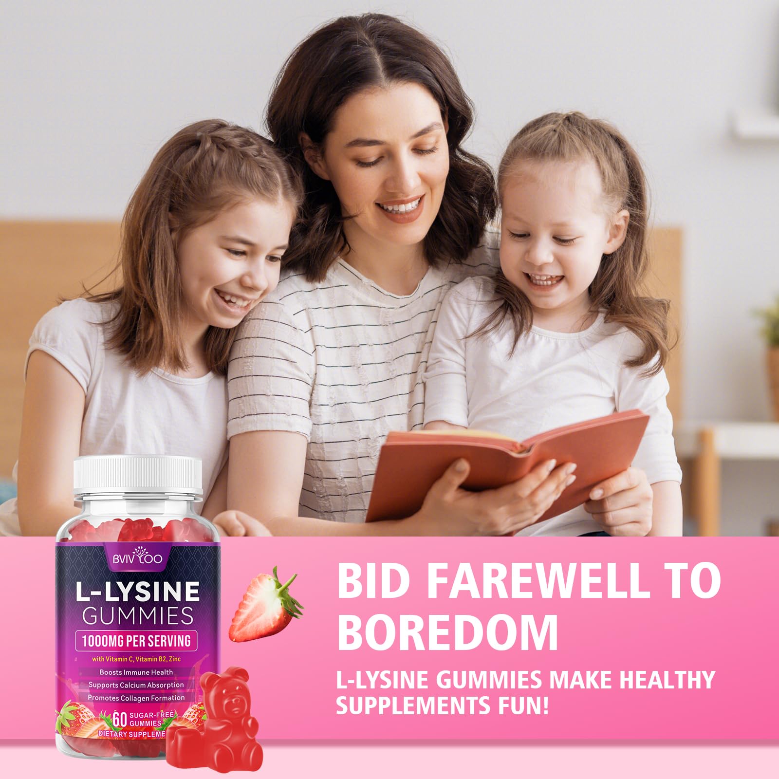 BVIVLOO L-Lysine 1000mg Gummies for Immune Support & Skin Health - High Potency Vegan Gummies, Sugar-Free, Natural Berry Flavor, Gluten-Free Chewable Supplement BVIVLOO uk supplements