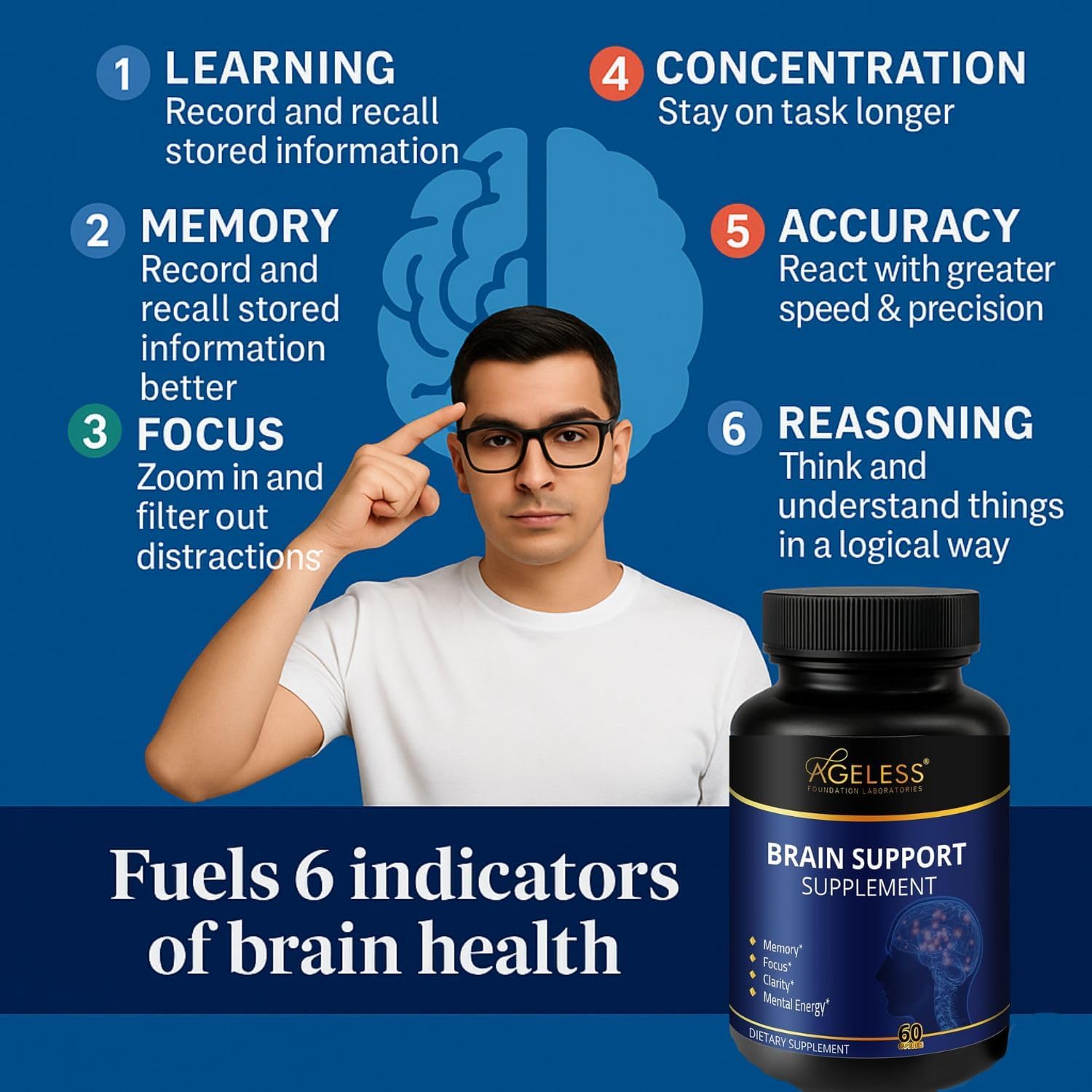 Ageless Brain Supplements for Memory and Focus 1000 MG | Cognitive Improvement | Formulated with Clinically Studied Ingredients | Support Mental Clarity & Neuro Health | Vitamin B6, B12, 60 Capsules Ageless Foundation Laboratories uk supplements