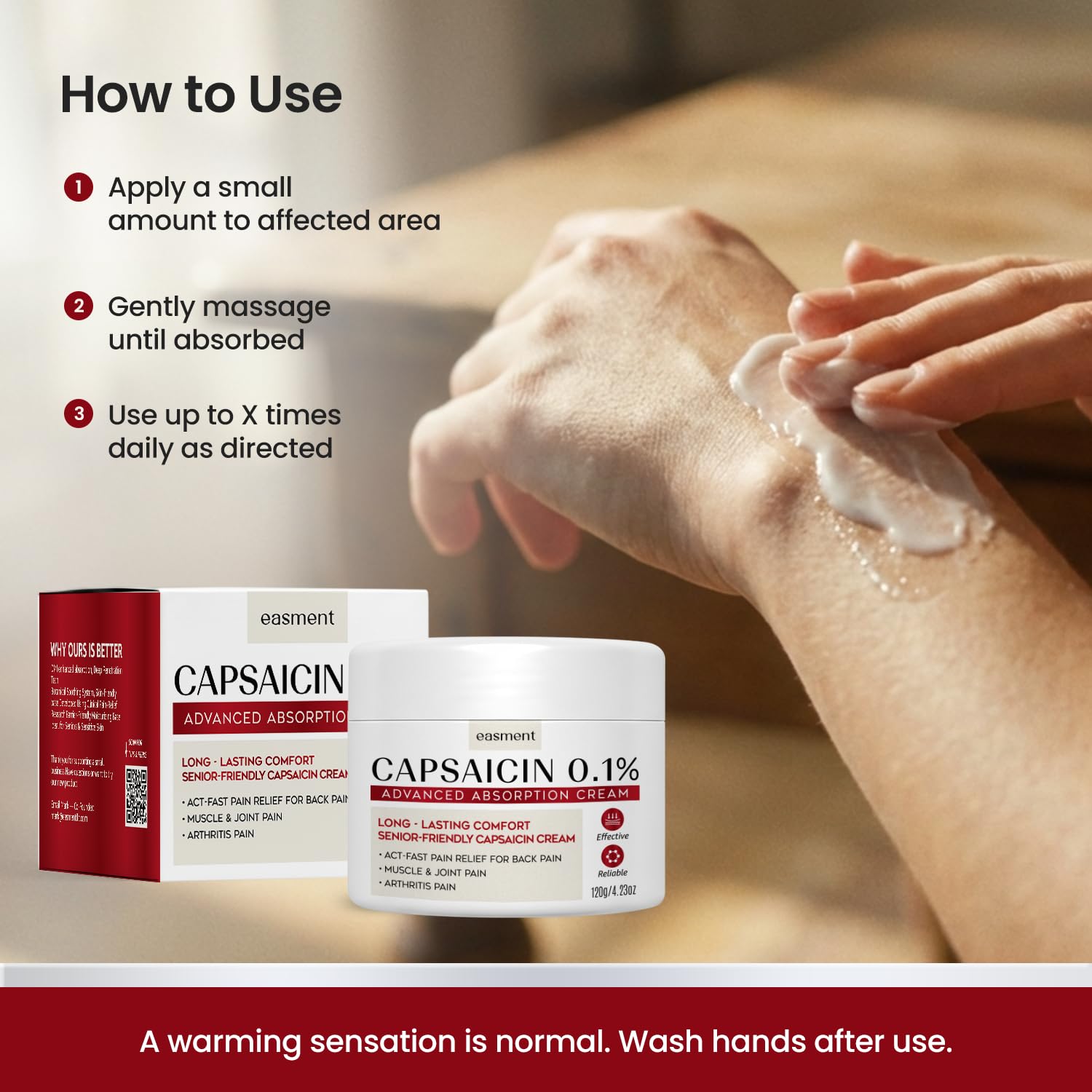 Easment Capsaicin Pain Relief Cream – Topical Arthritis & Muscle Pain Relief for Joint, Nerve & Back Pain – Medicated Pain Cream with Capsaicin 0.1% – Arnica, Aloe & Chamomile, 4.23 Fl Oz Easment uk supplements