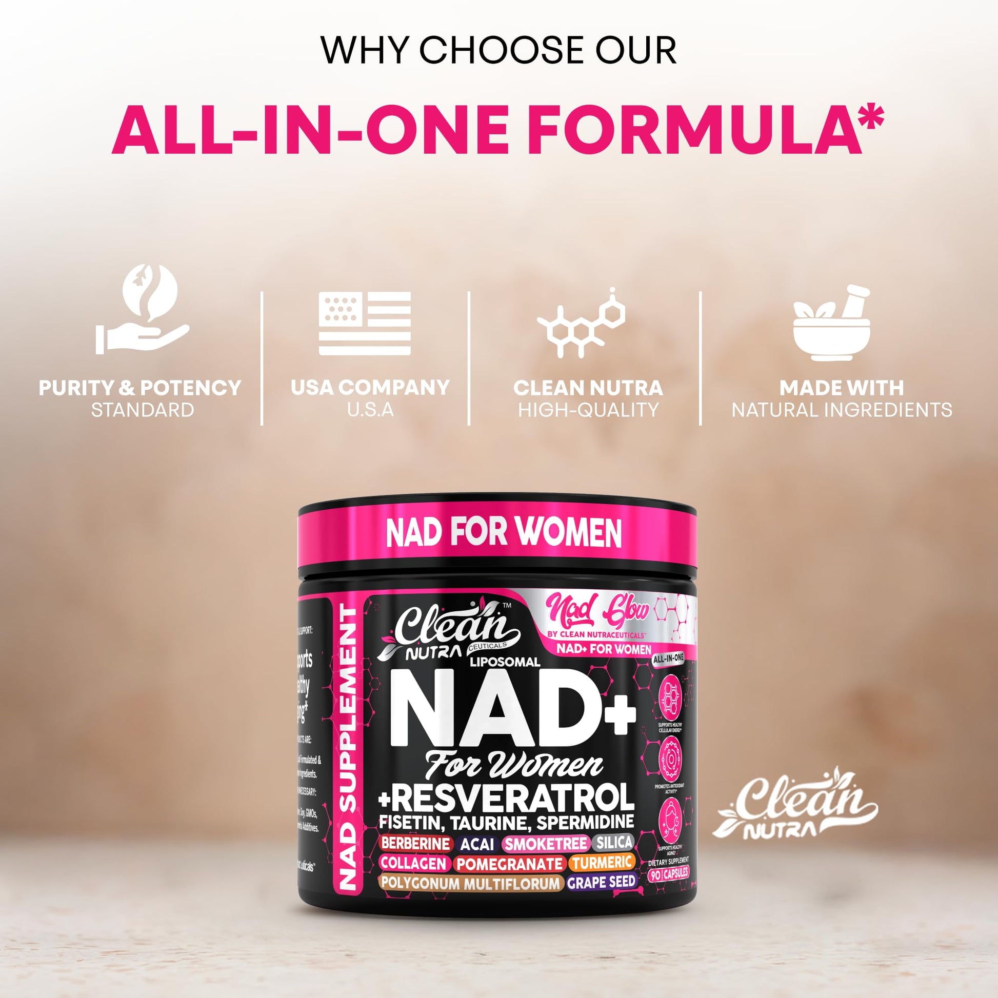 NAD+ Resveratrol Supplement for Women NAD Turmeric Vitamin C Acai Pomegranate Collagen Peptides Nicotinamide Riboside Fisetin Vitamin E Polygonum Multiflorum Berberine 90 Capsules by Clean Nutra Clean Nutraceuticals uk supplements