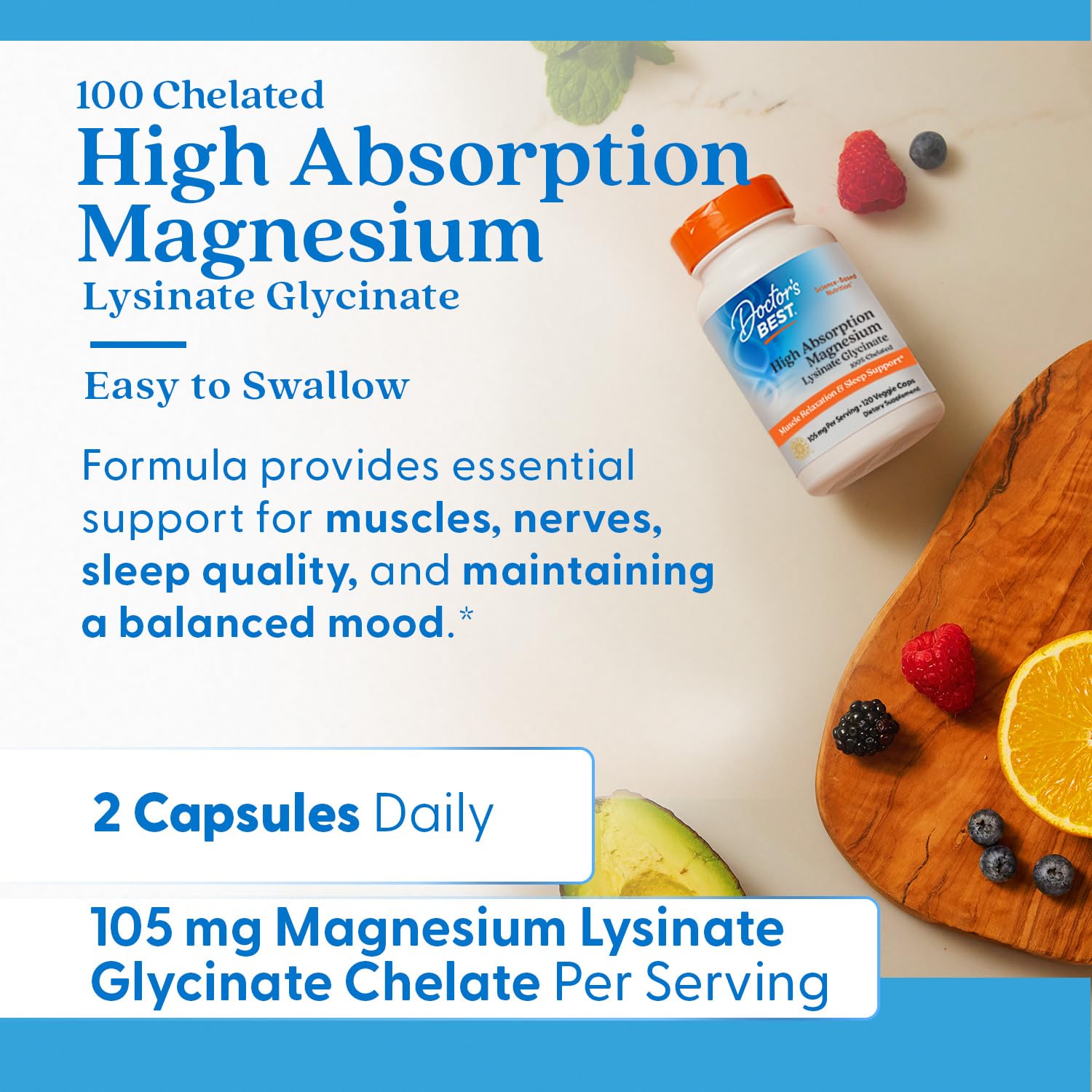 Doctor's Best High Absorption Magnesium Glycinate Lysinate Supplement for Sleep Support - Chelated Magnesium Capsules for Women & Men, 105 mg per Serving, Calm Support, Vegan - 120 Veg Caps Doctor's BEST uk supplements