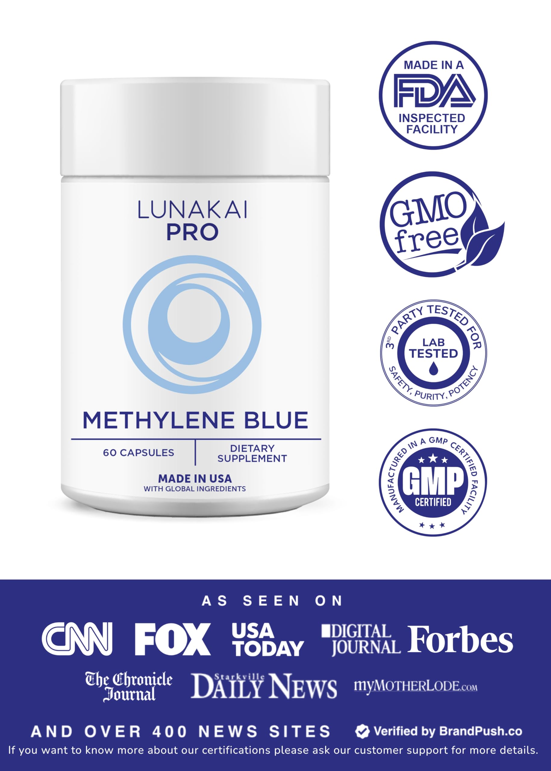 Lunakai PRO USA Made Methylene Blue Capsules Pharmaceutical Grade with Vitamin C, B6, B12 – 3rd-Party Tested Daily Brain & Focus Support Supplement for Humans, 60ct Lunakai uk supplements