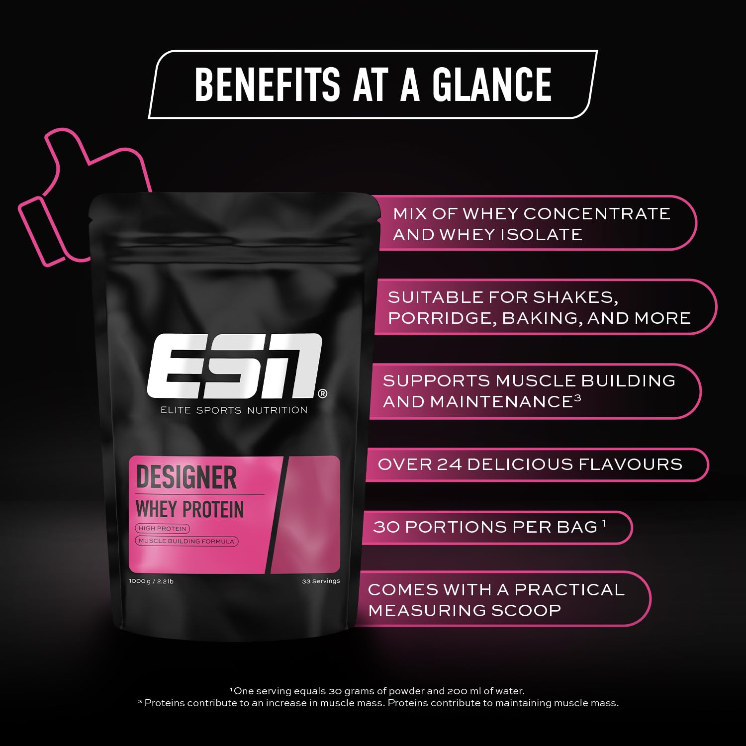 ESN Designer Whey Protein Powder, Strawberry, 1000 g, 2.2 lbs, 33 Servings ESN uk supplements