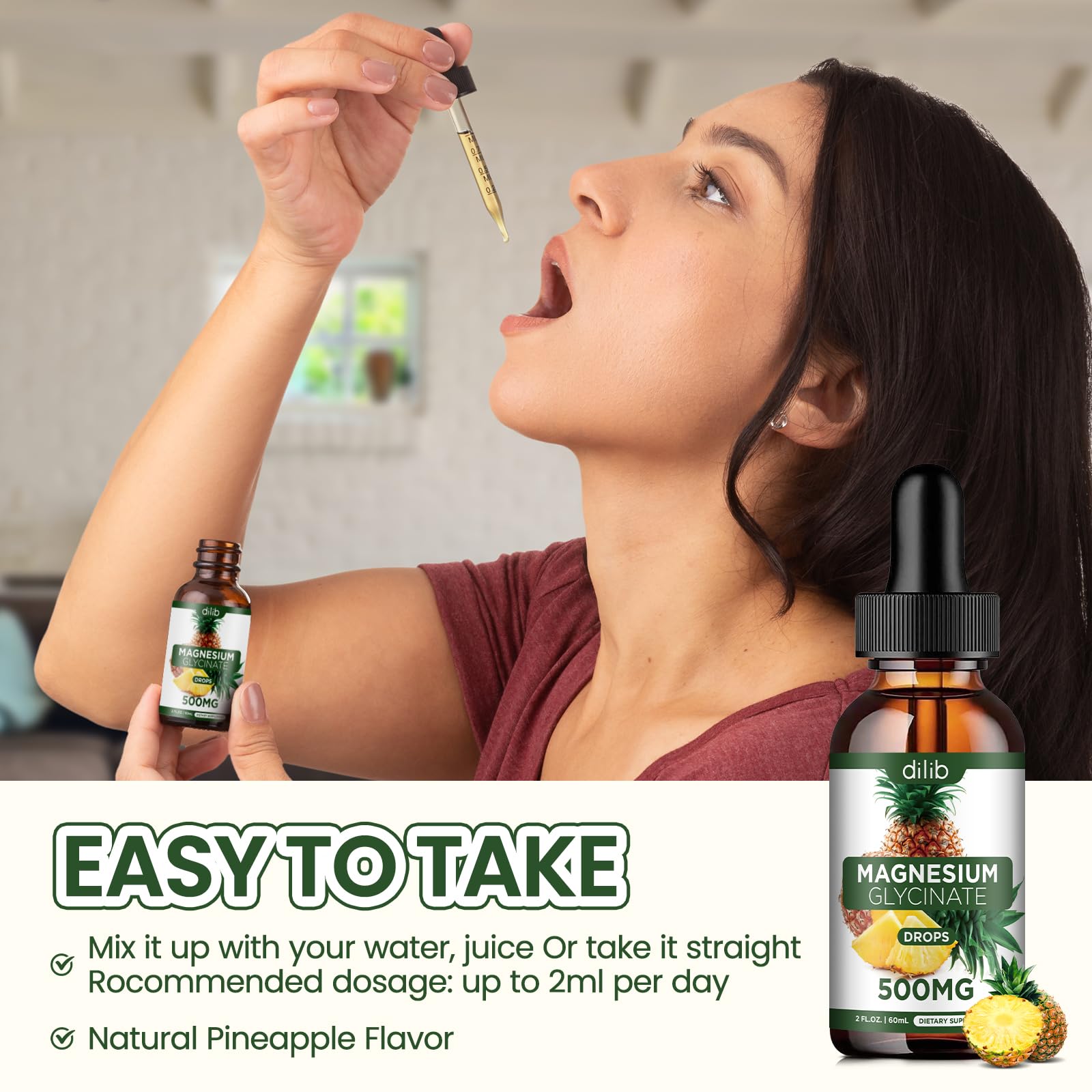 Magnesium Glycinate Supplement, Liquid Magnesium Glycinate Liquid Drops 500mg-Support Stress Relief, Relaxation, Mood, Sleep, Bone & Muscle-2 Fl Oz, Vegan, Pineapple Flavor dilib uk supplements